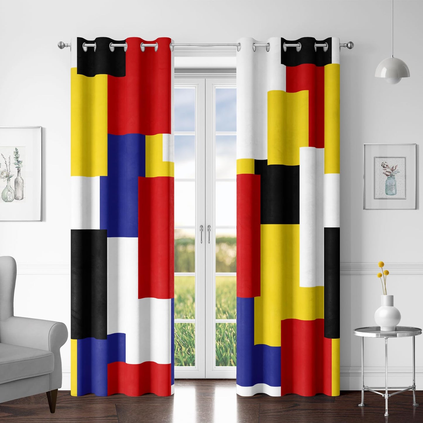 Tyrot Colorful 100% Blackout Curtains for Bedroom 63 inch Long 2 Panels Set Red Yellow Modern Abstract Geometric Black Out Curtains Insulated Room Darkening Window Drapes for Living Room, 52Wx63L