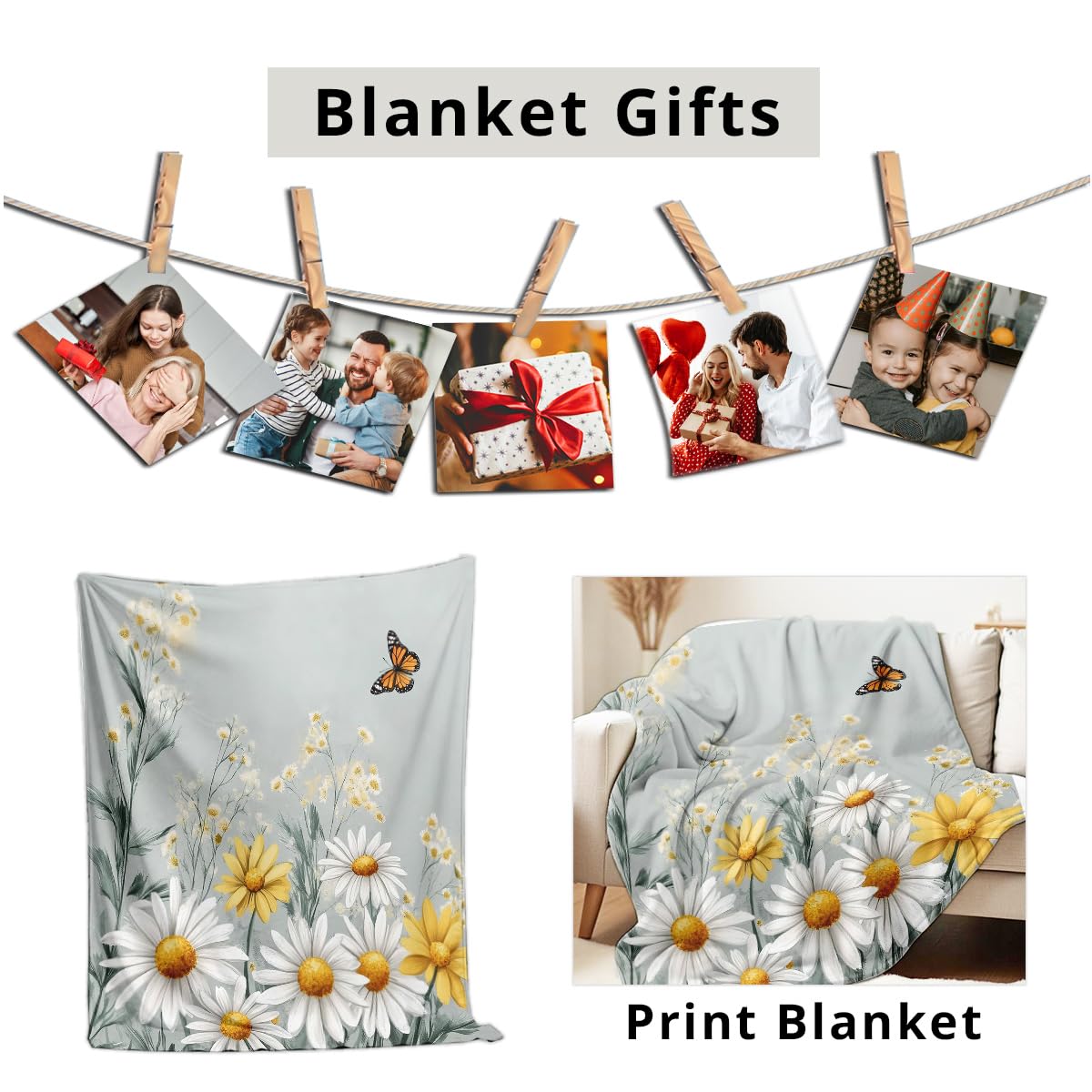 HUNXIAOJ Printed Bed Throw Blanket Butterfly and Daisy Flower Soft Flannel Blanket for Couch Bed Floral Throw for Living Room Office Home Decor (49"x59")