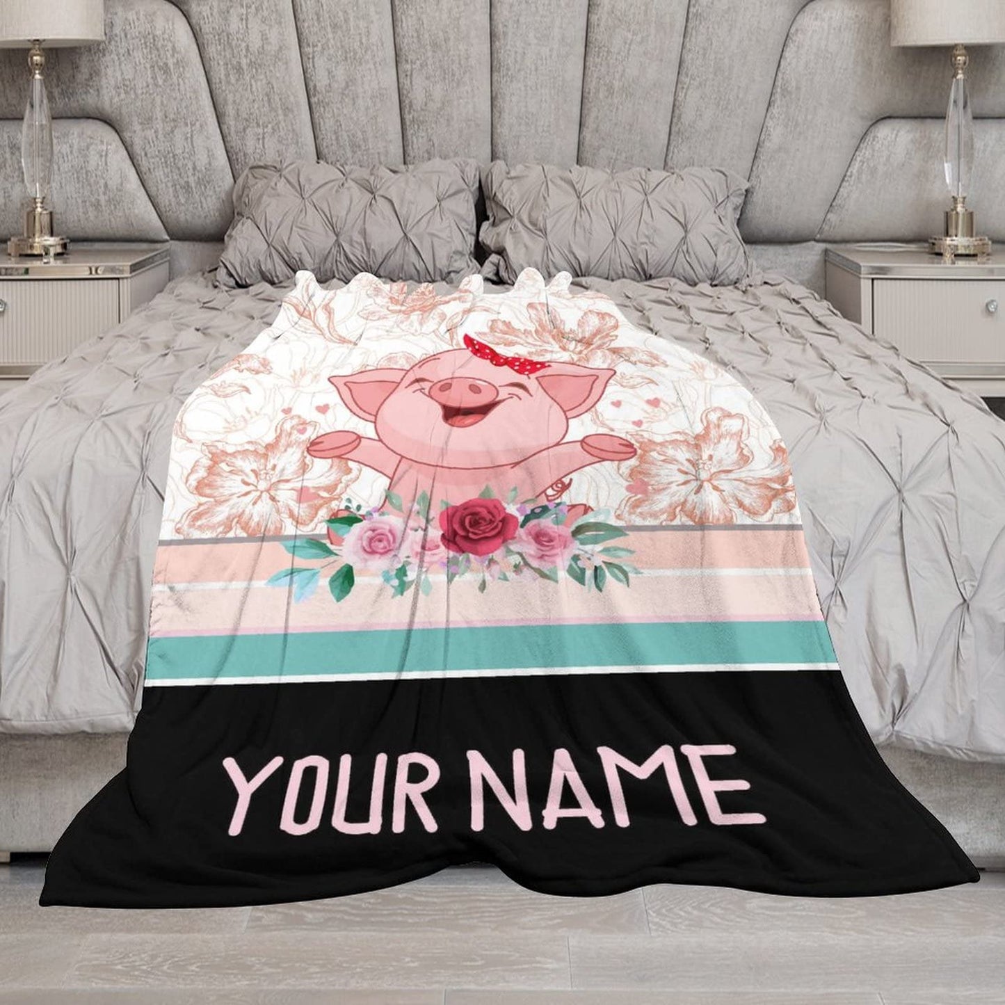 Personalized Pig Blanket Gifts with Text Name,30"x40" Flannel Fleece Throw Blanket Soft for Girls Boys Adults, Lightweight, Comfortable, Warm Cute Pig Themed Blanket for Bed Couch