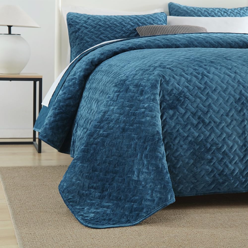 Liians Velvet Bedspread Quilt Bedding Sets,Luxury Elegant Ultra Soft Velvet Comforters Coverlet Blankets,Weave Stitching Pattern Cotton Quilted Bedspread for All Seasons,Azure Blue,Queen Size