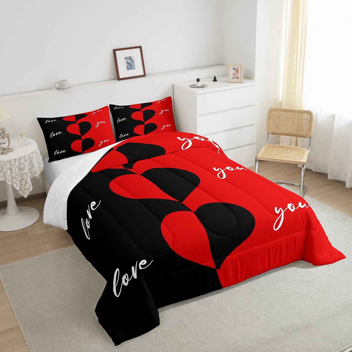 Erosebridal Red and Black Comforter Set Queen Size Romantic Valentine's Day Love Heart Bedding Set for Women Men Couples Wedding Gifts His and Hers Down Comforter Love Duvet Insert Bedroom Decor