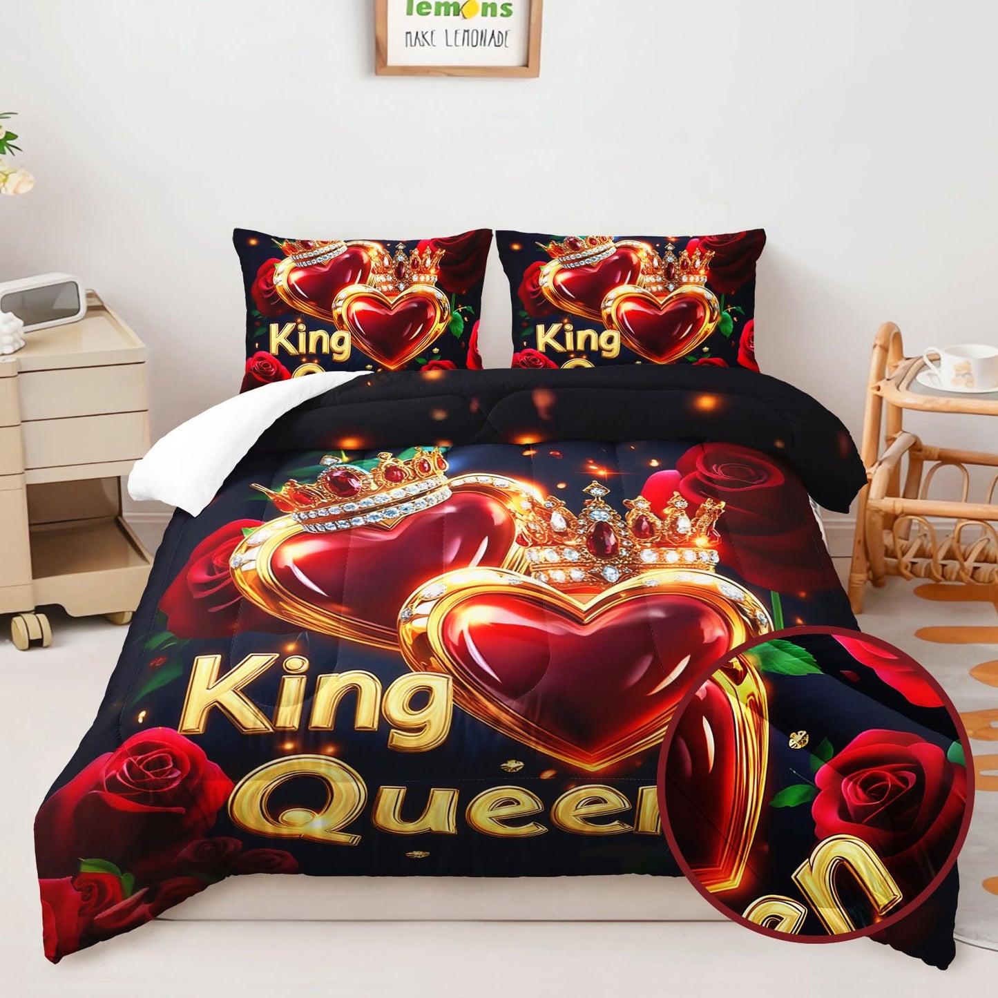 AILONEN K & Q Hearts Print Comforter Set Queen Size,Red and Black Rose Bedding with 2 Pillowcases,Valentine Romantic 3Pcs