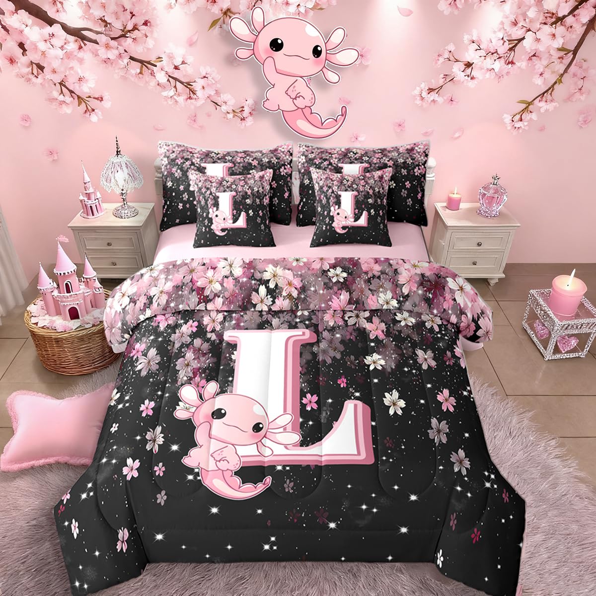 Erosebridal 7 Pieces Cute Letter Initial L Bedding Set Twin Size | Cute Axolotl Comforter Set with Sheets for Kids Girls Teens Pink and White Cherry Blossom Quilt Sets Kawaii Axolotl Bed in A Bag
