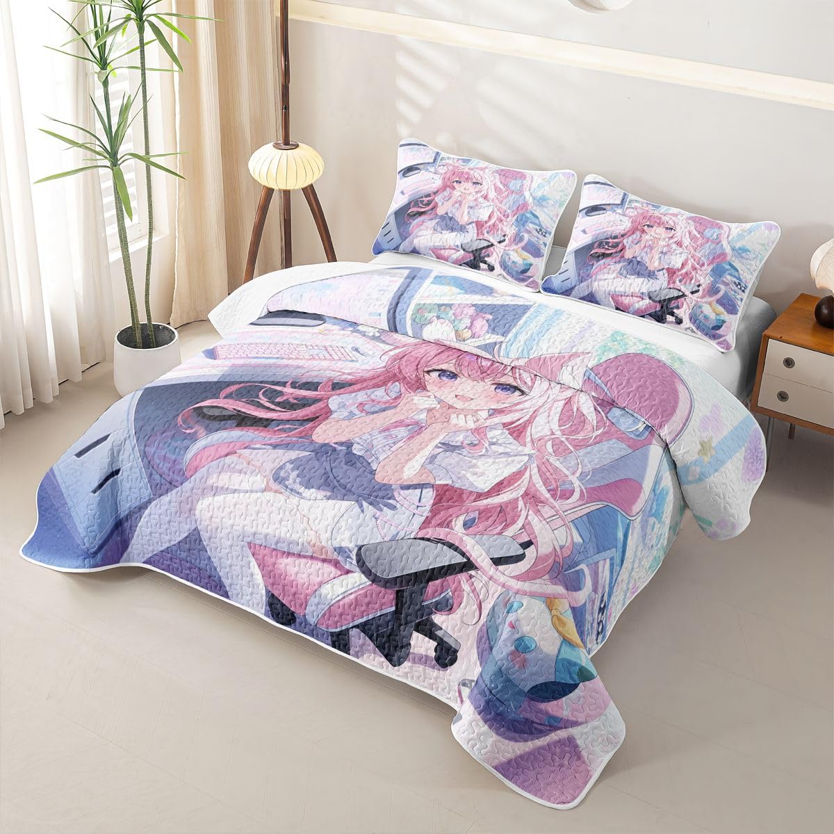 Erosebridal Kawaii Japanese Girl Quilt Twin Size - Cartoon Anime Bedspread Girls Gamer Bed Coverlet with 1 Pillowcase