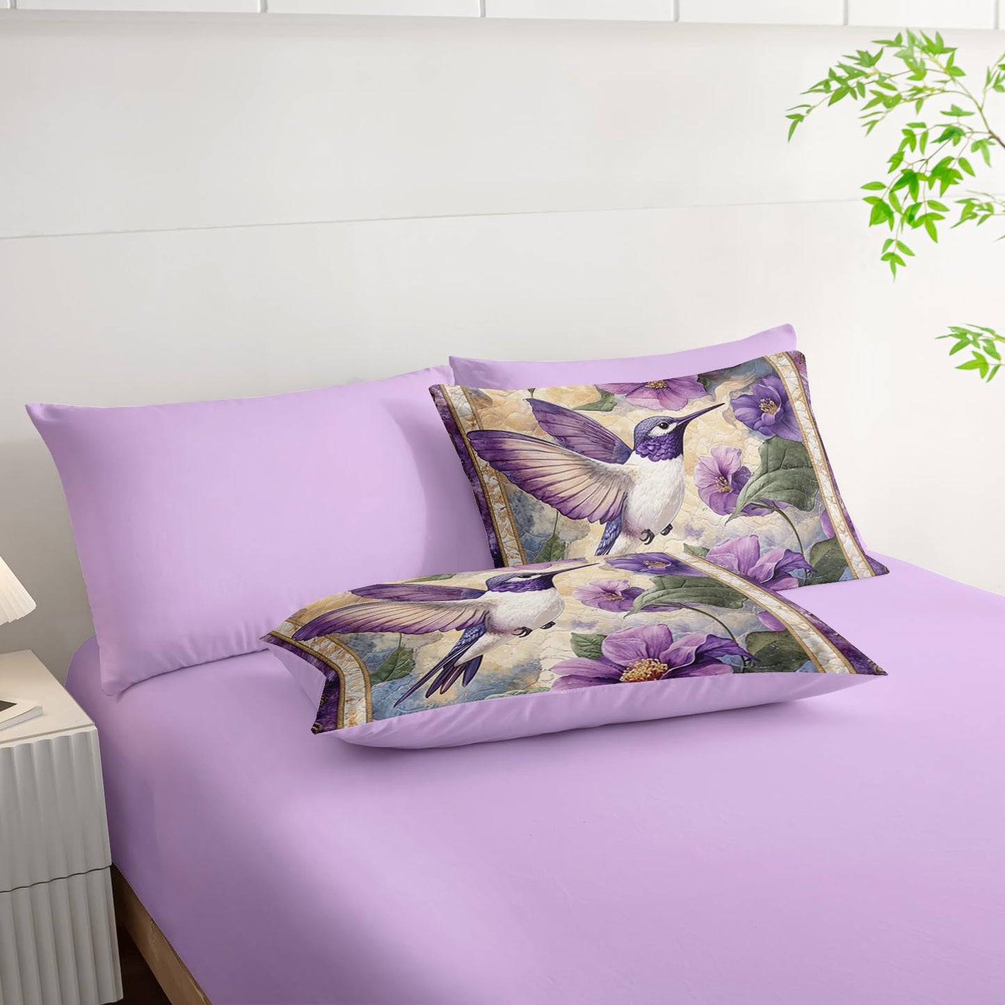 AILONEN Beautiful Hummingbird Bed in a Bag Queen Size - Purple Flower Bird Theme - 3Pcs Soft Microfiber Boho Comforter for Girls Women - (Sheets,Pillowcases)