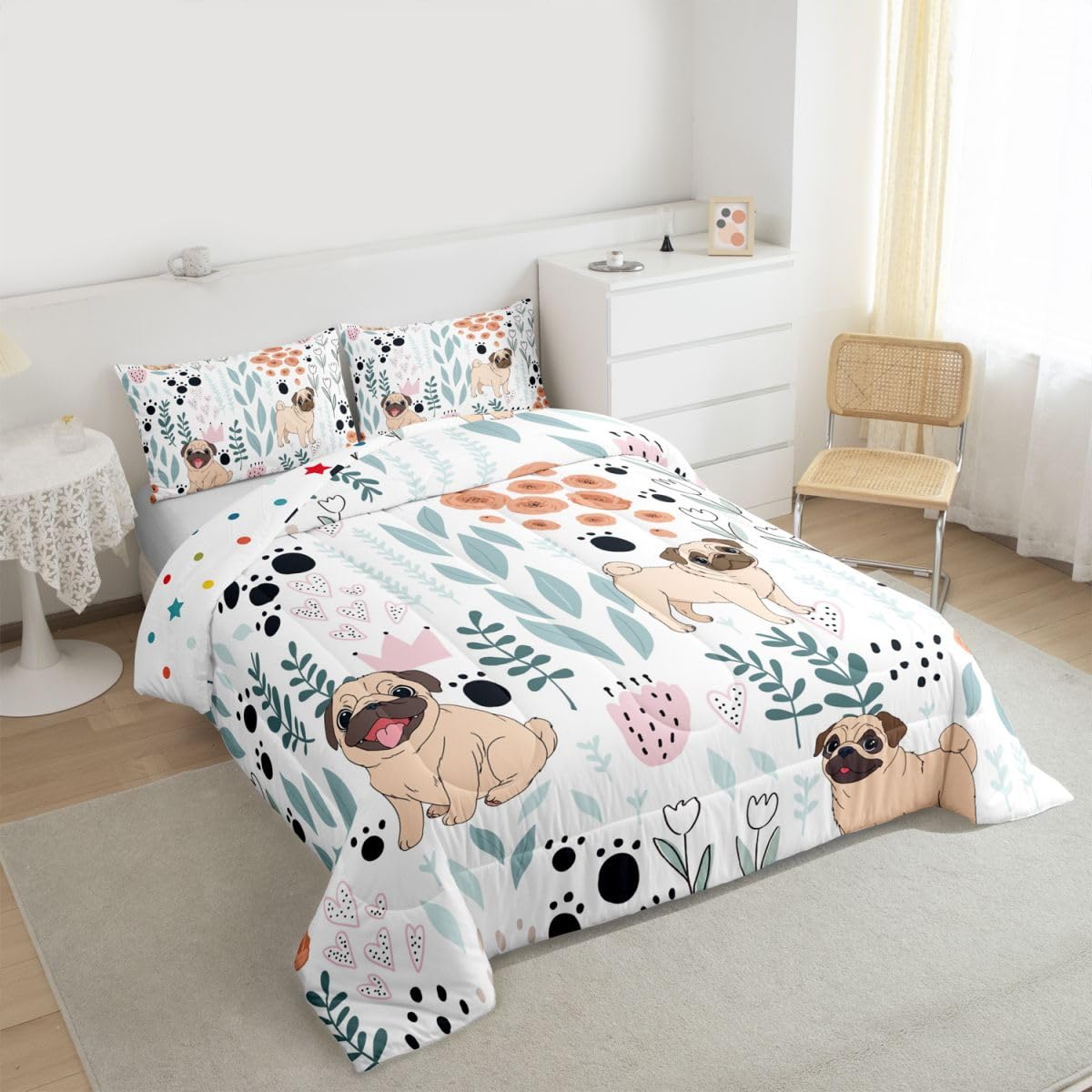Erosebridal Kawaii Dog Bedding Set,Cartoon Pug Dog Comforter Set Twin,Cute Love Heart Leaf Flower Comforter Set for Kids Girls Boys,Paw Print Pet Animals Quilt Duvet Insert with 1 Pillow Case