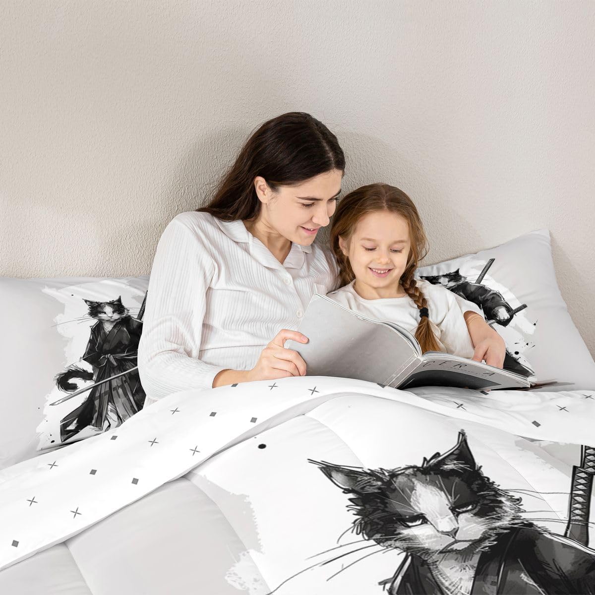 jejeloiu Samurai Comforter Set All Season Japanese Ukiyoe Bedding Set with 2 Pillow Cases Cat Microfiber Kids Queen Bedclothes Animal Bedroom Decor Duvet Quilt Breathable Soft Lightweight
