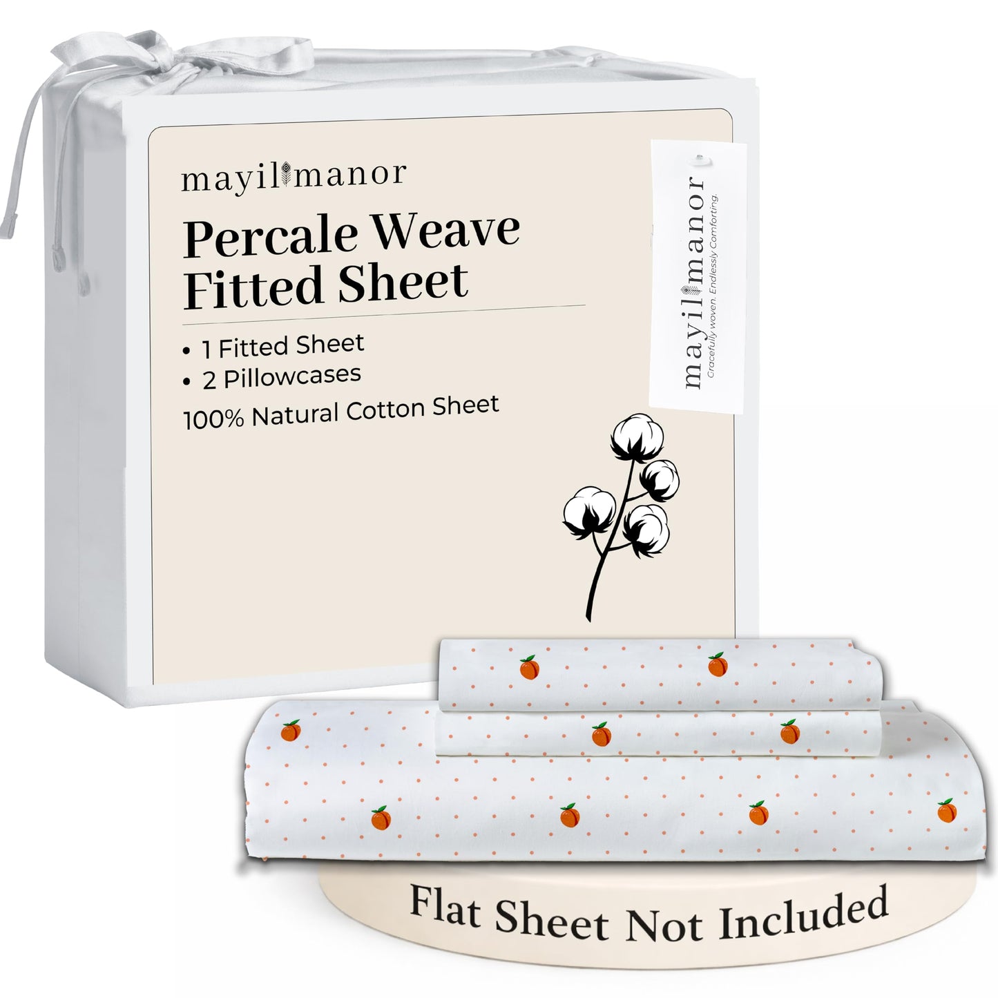 Mayil Manor Queen Size Fitted Sheet with 18" Deep Pockets, No Flat - Percale Weave Natural - Breathable 100% Cotton Printed Bedding, 1 Fitted Sheet + 2 Pillowcases - Peach Dot Print