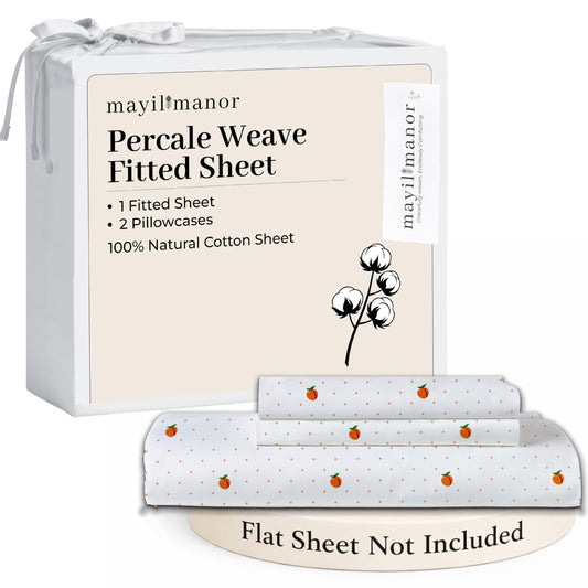 Mayil Manor Queen Size Fitted Sheet with 18" Deep Pockets, No Flat - Percale Weave Natural - Breathable 100% Cotton Printed Bedding, 1 Fitted Sheet + 2 Pillowcases - Peach Dot Print