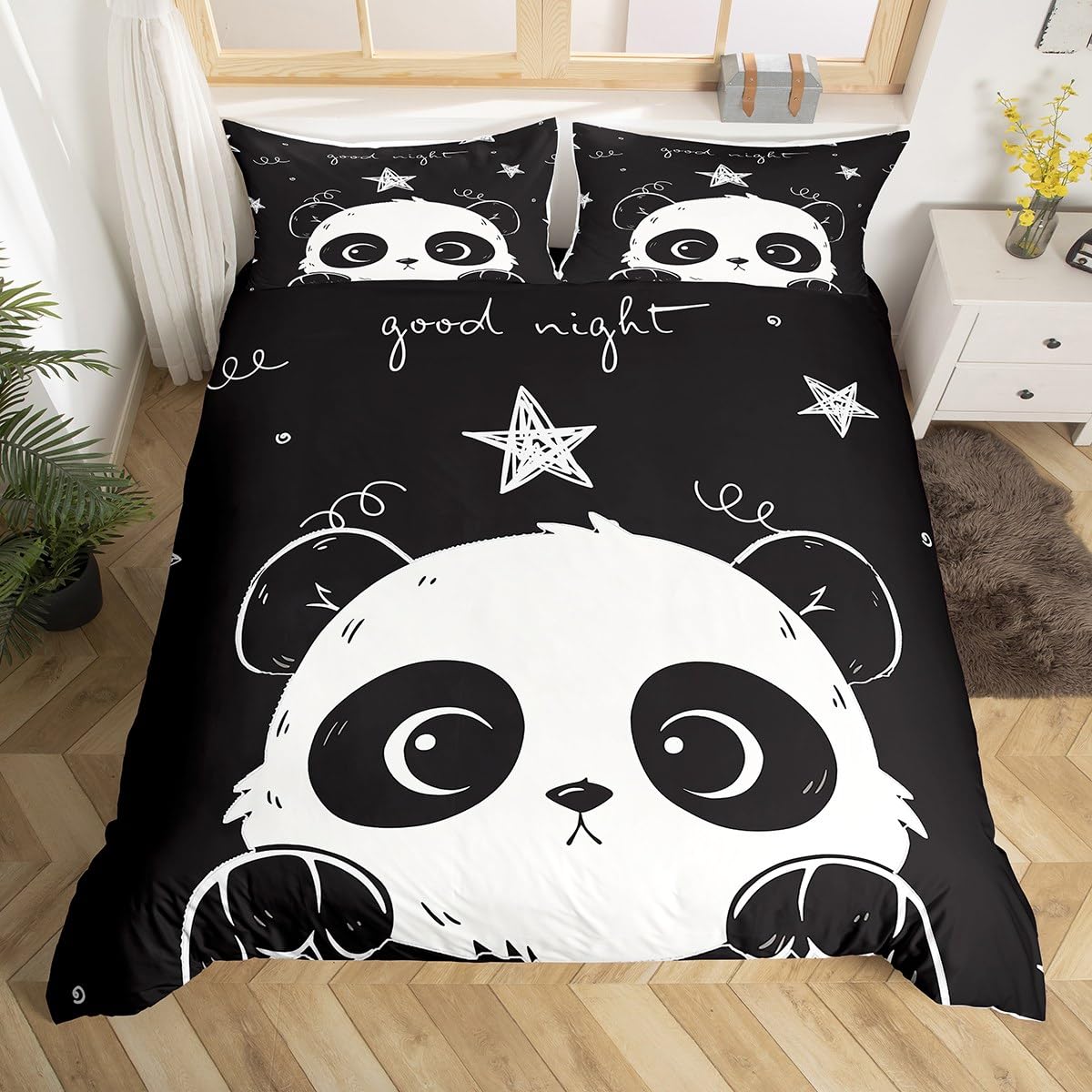 Homewish Panda Bedding Set 3pcs for Kids Boys Girls White Black Comforter Cover Cute Cartoon Pandas Stars Printed Duvet Cover Set Animal Bedspread Cover with 2 Pillow Cases(No Comforter) Queen Size