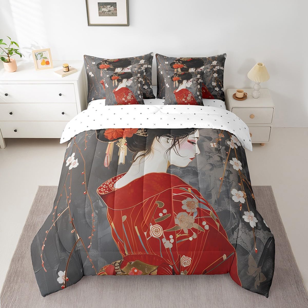 Feelyou Kids Japan Geisha Comforter Set Twin Size 7 Pieces Cherry Blossoms Bedding Set Japanese Style Japanese Tradition Aesthetic Bed in a Bag with Comforter, Sheets, Pillowcases & Cushion Cover