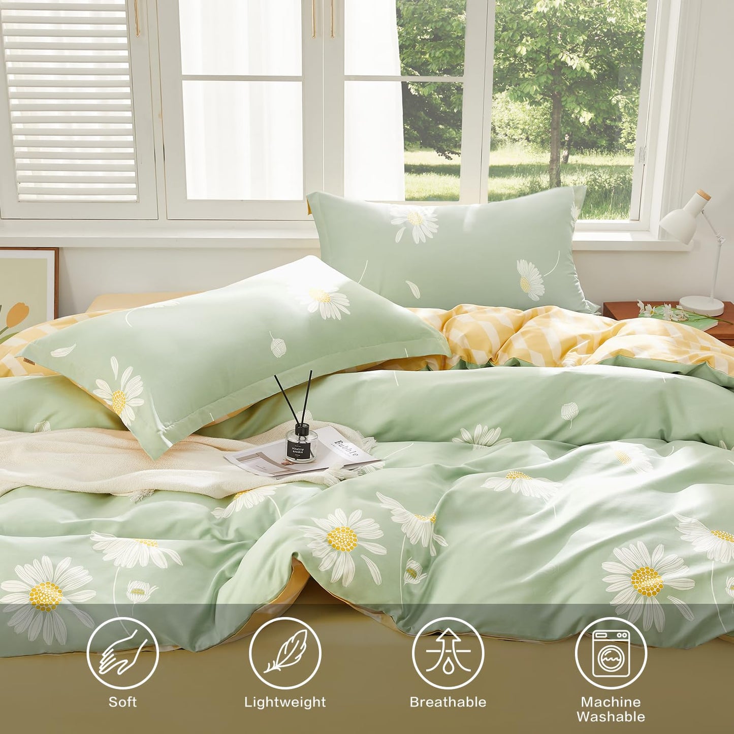 SAPHREAS Floral Daisy Duvet Cover Set Full Size 3pcs Sage Green White Flower Bedding Comforter Cover Set 100% Cotton 1 Duvet Cover 90"x80" 2 Pillow Shams, Comforter Not Included