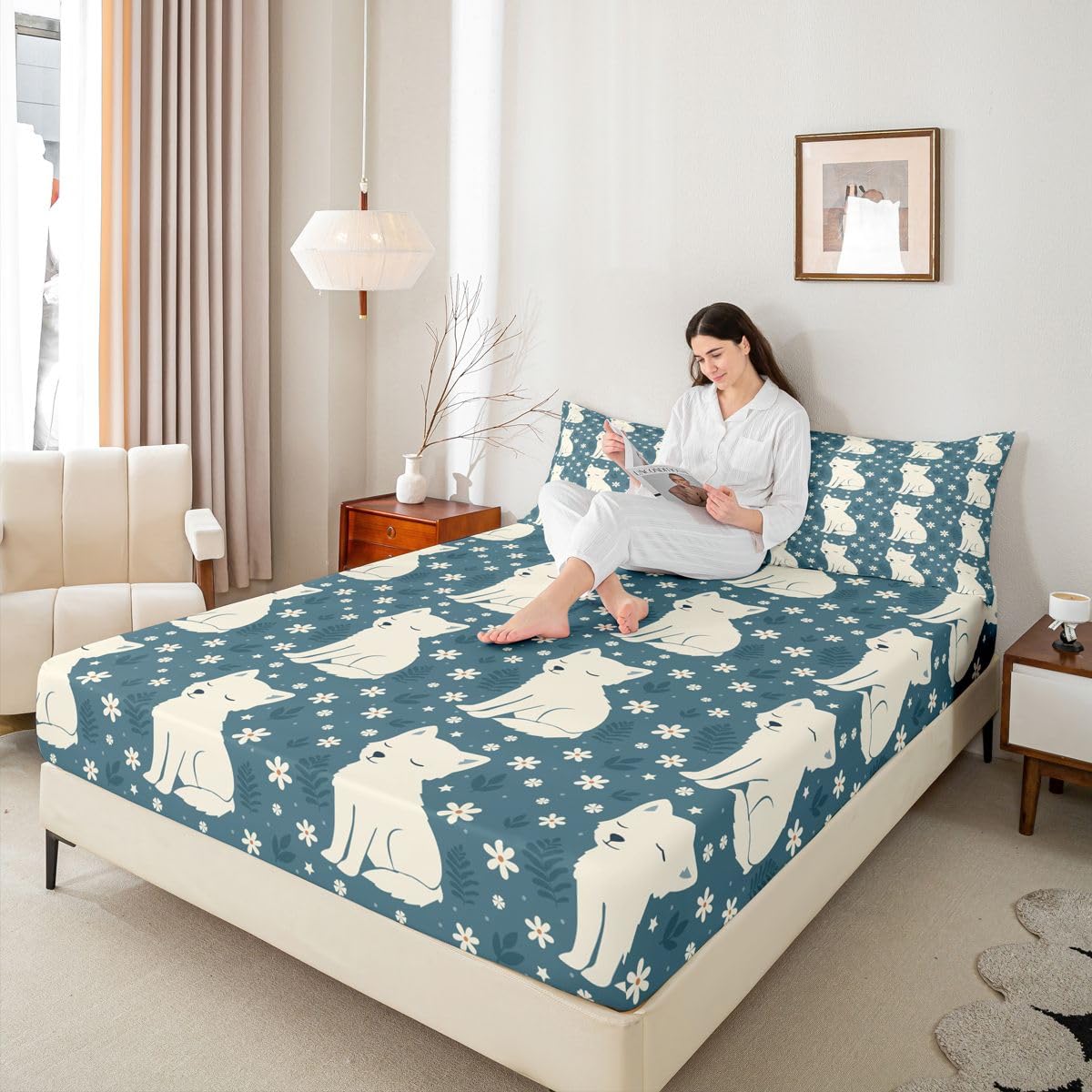 Castle Fairy White Fox Fitted Sheet Queen Size (No Flat),Beauty Floral Bedding Sets 3Pcs,Girls Boys Adult Room Decor,Wildlife Bed Cover Casual Rustic Deep Pocket Sheet,2 Pillowcases