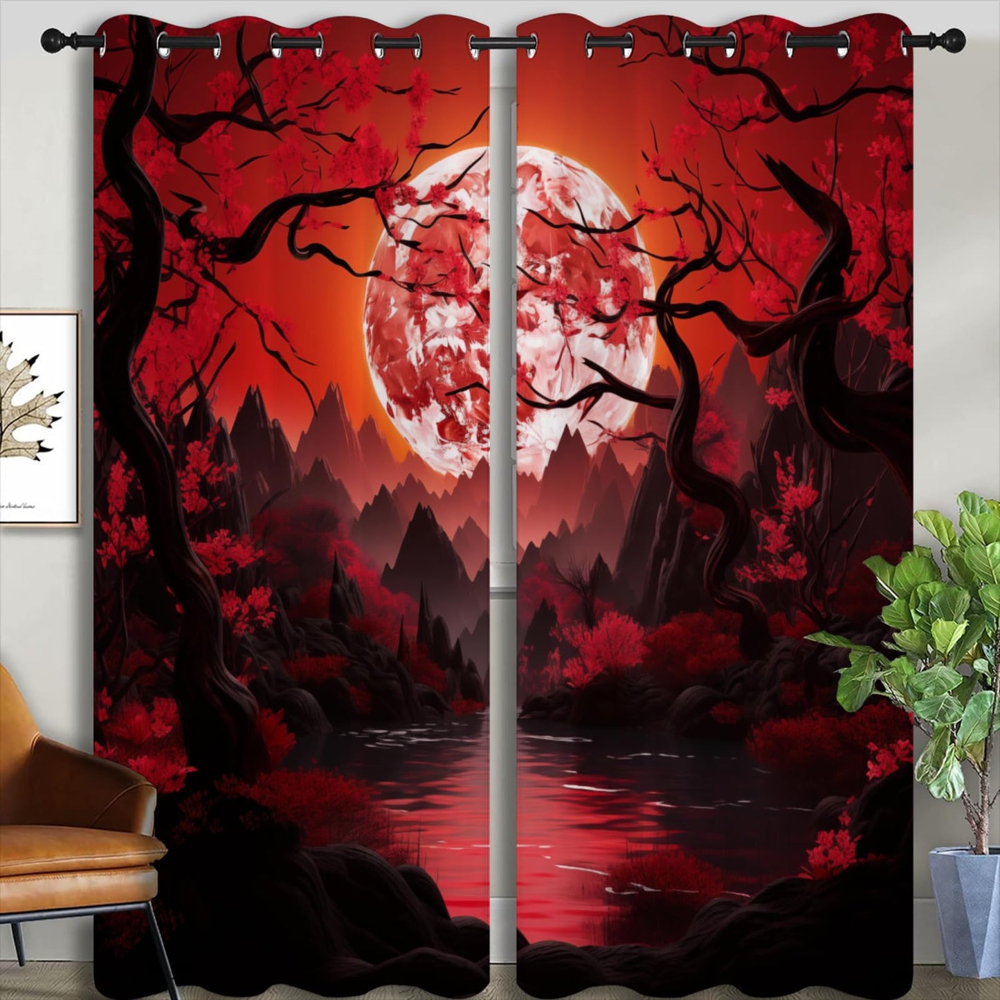 LHROOMJK Japanese Blackout Curtains for Boys Girl Bedroom Home Decor,Asian Anime Red Plum Red Moon Landscape Painting Thermal Insulated Grommet Darkening Living Room Window Drapes, 72 x 63 inch