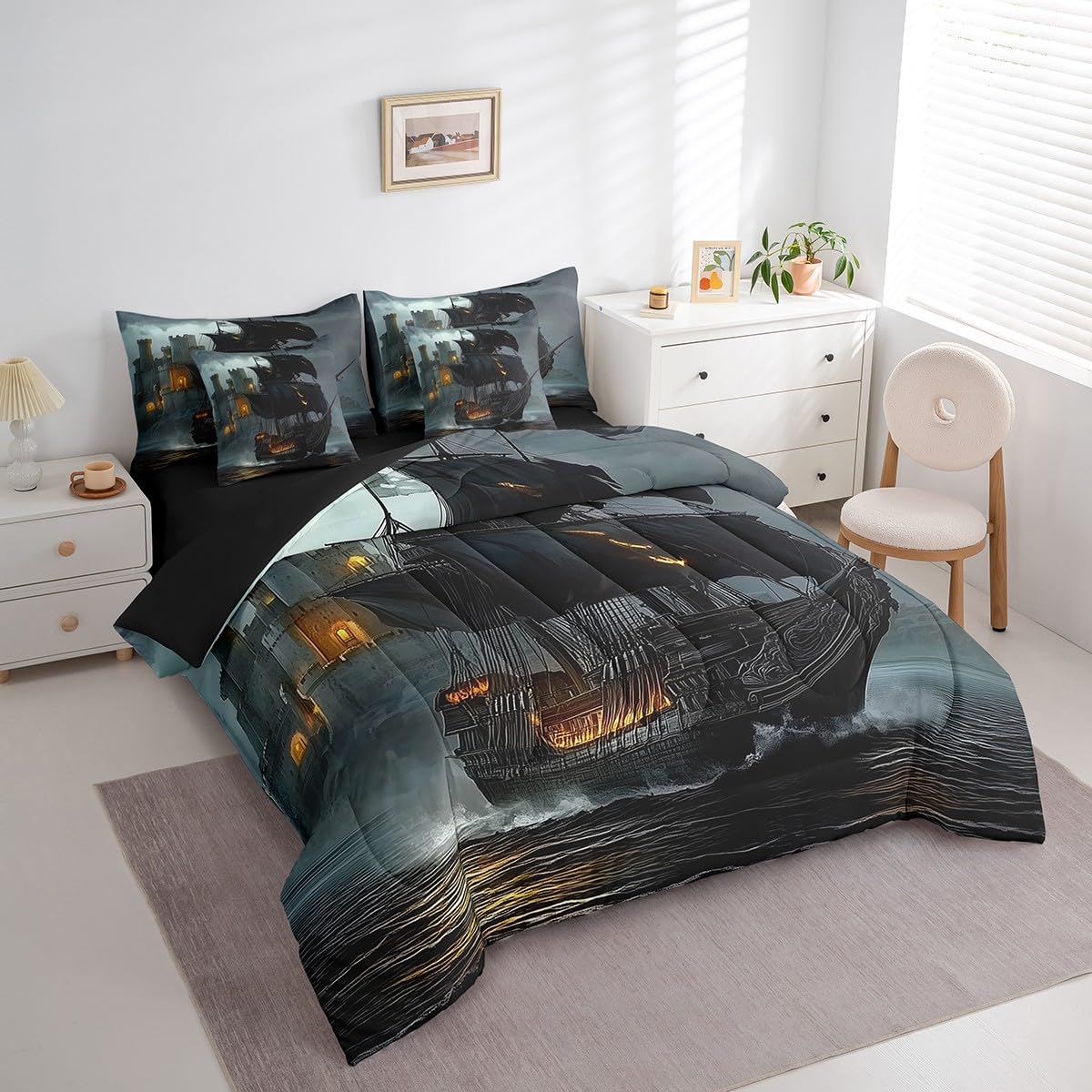 Feelyou Pirate Ship Comforter Set 7 Pieces Twin Size Moonlight Ocean Sea Bedding Set for Boys Girls Coastal Bed in a Bag with Comforter, Sheets, Pillowcases & Cushion Covers