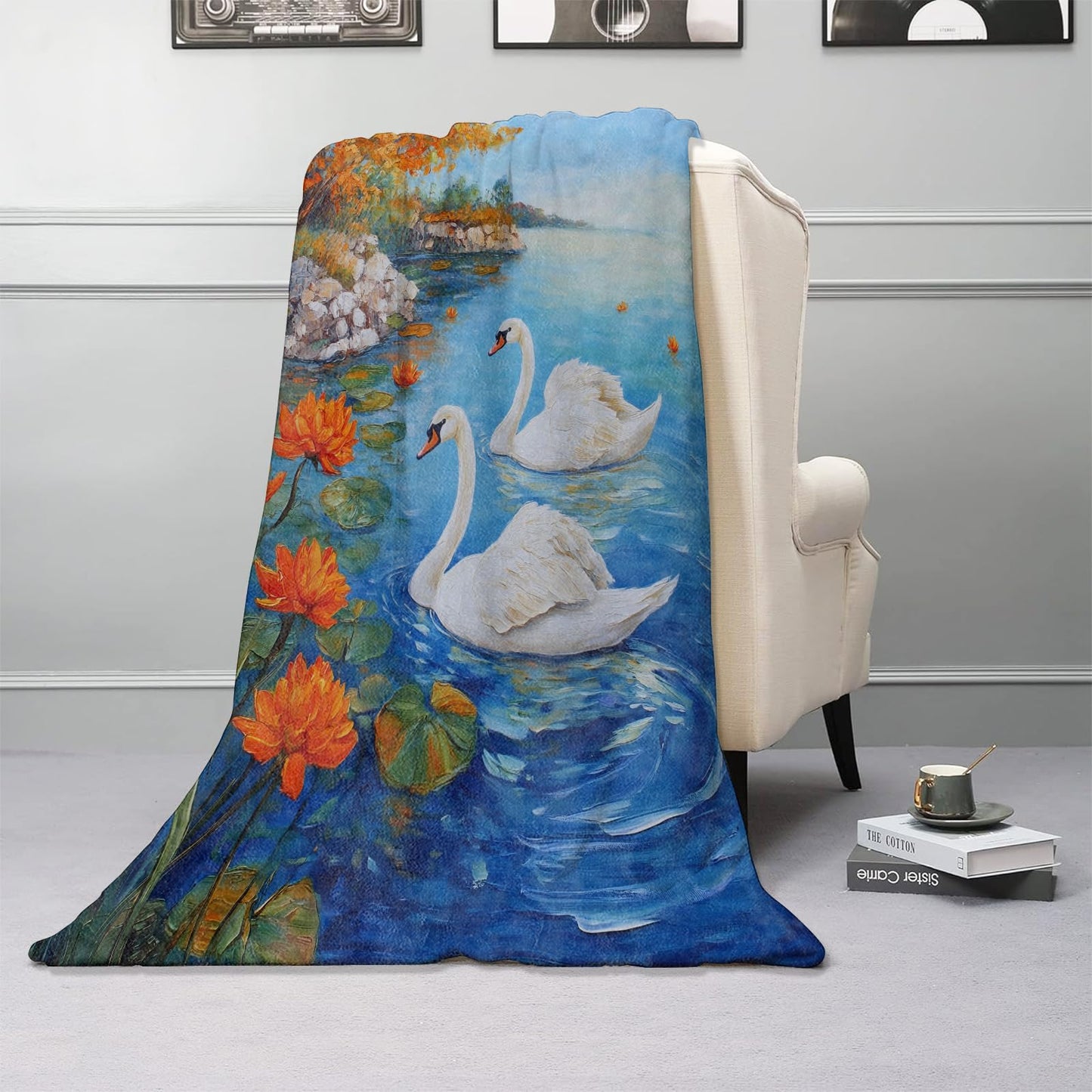 Kibue White Swan in The Lake Blanket - Soft & Cozy Flannel Plush Lightweight Throw Blanket for Travel, Office, Bedroom, Sofa - Warm Decor for Adults Kids Women Men 60"×50"