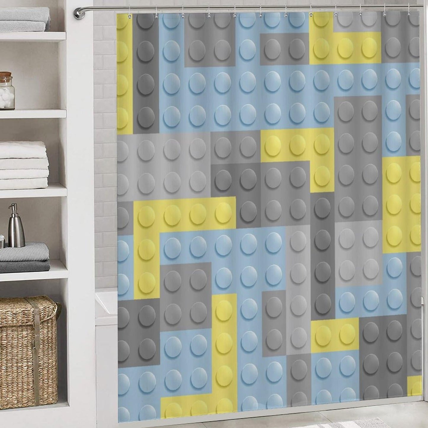 Building Blocks Bathroom Set, Funny Shower Curtain Set 4PCS with Non-Slip Rugs, Toilet Lid Cover Bath Mat and 12 Hooks