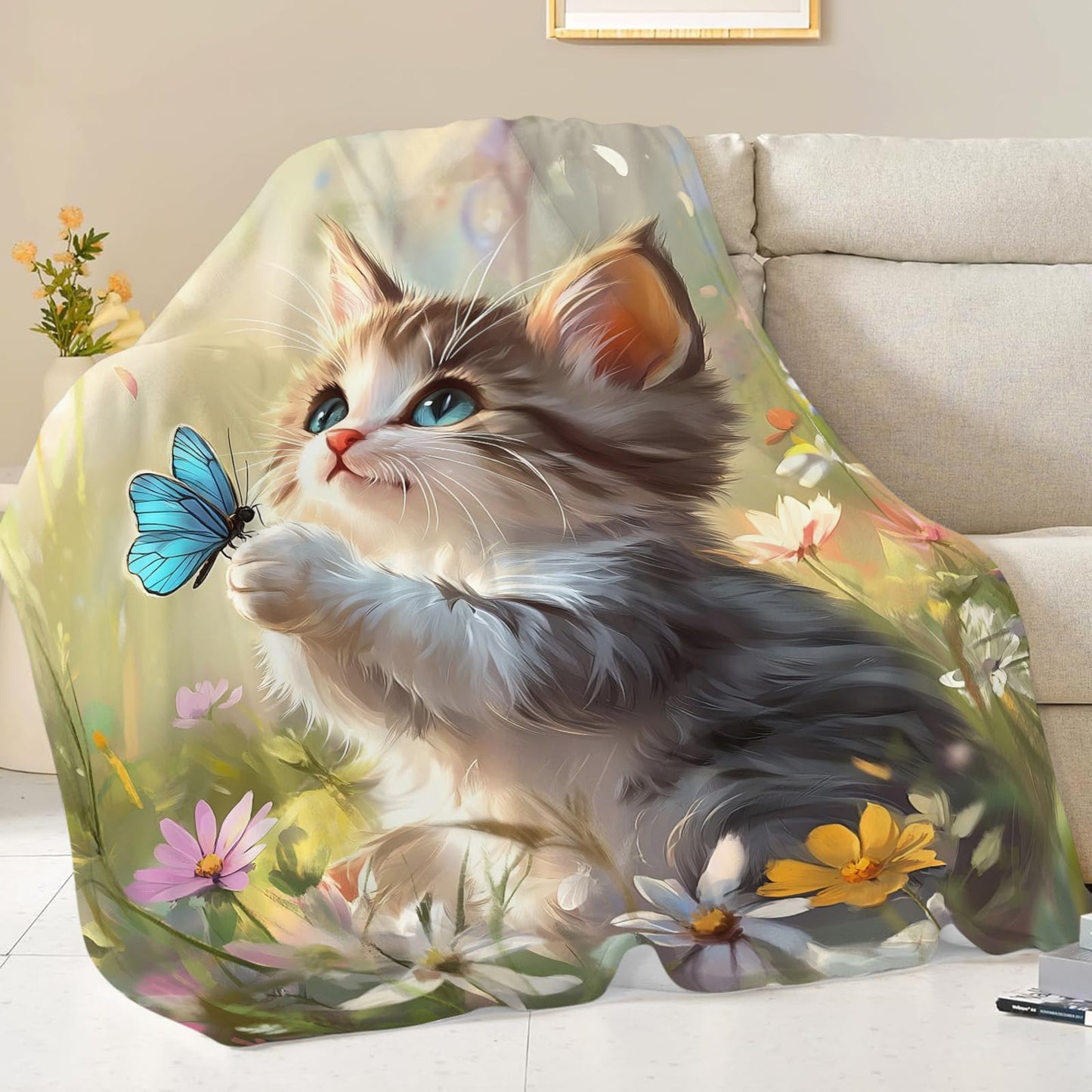 Baegopa Cat Blanket Gifts for Girls Boys Blue Butterfly Throw Blankets Cozy Plush Cute Flower Fleece Lightweight Flannel Fuzzy 50"X40"