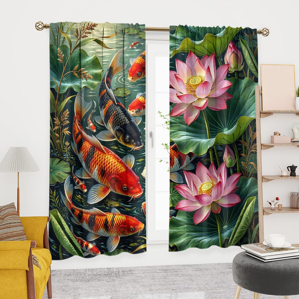 KuracleGH Retro Japanese Lucky Fish Blackout Curtains-Traditional Asian Oriental Fish Rod Pocket Back Tab Drapes,Summer Pond Lotus Floral Leaves Thermal Insulated Curtain,2pcs,Each 21“W x 45”L