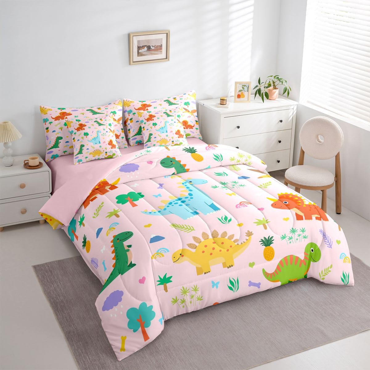 Feelyou Kids Cute Dinosaur Comforter Set with Sheets 7 Piece Full Size Pink Dinosaur Bed in a Bag Kids Boys Girls Cute Animal Bedding Set Bedroom Decor Breathable Soft Lightweight Microfiber