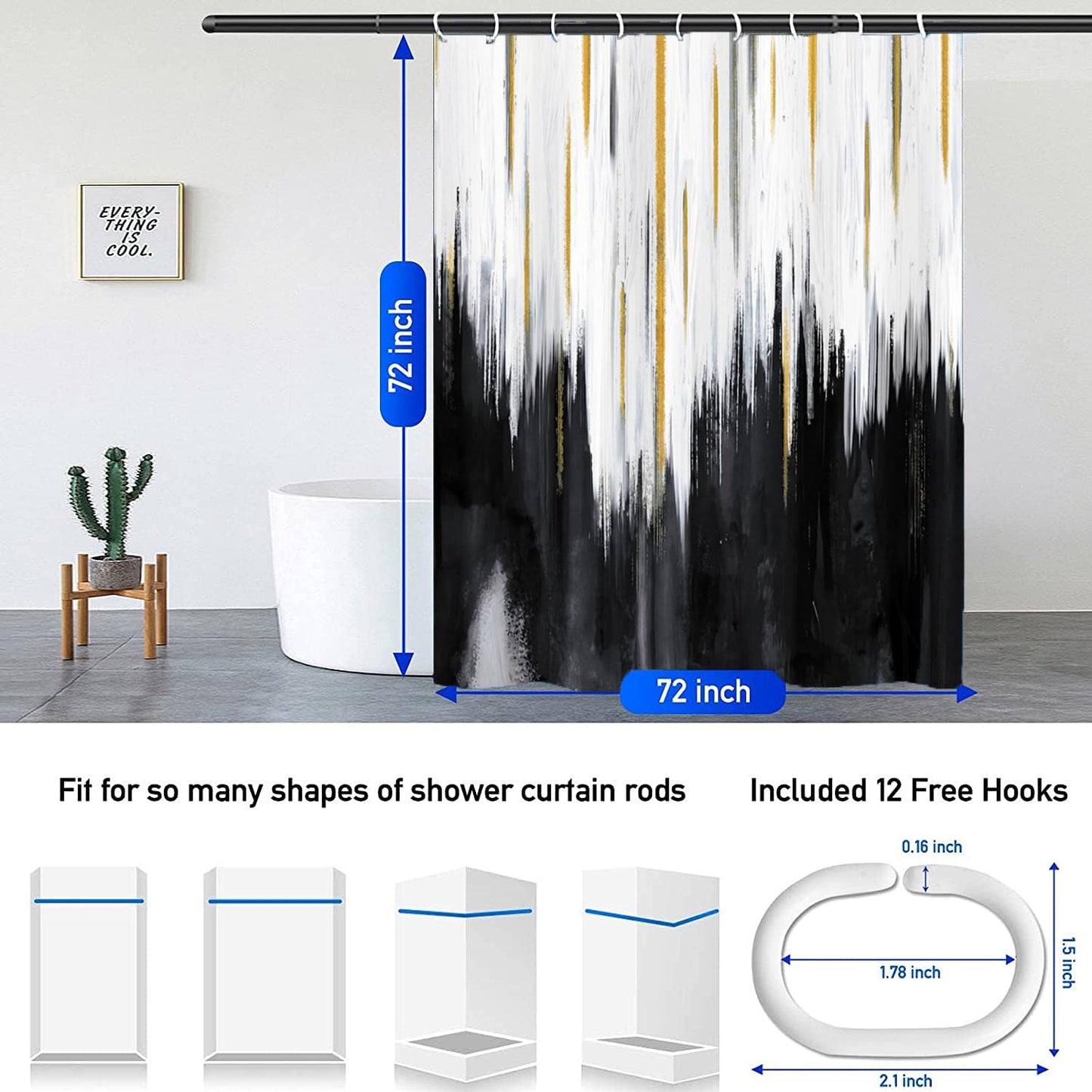 NBVKO 4PCS Black Oil Painting Style Shower Curtain Set with Non-Slip Rugs,Toilet Lid Cover and Bath Mat,Bathroom Decor Accessory Set