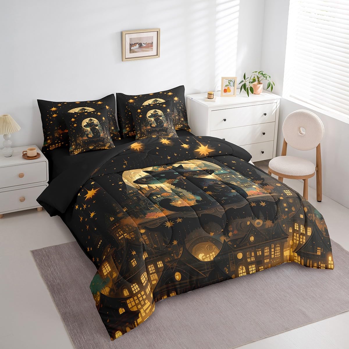 Feelyou Happy Halloween 7 Piece Bedding Set Twin Size Black Cat for Kids Boys Girls Teens Magic Hat Bed in a Bag Comforter Set with Sheets Horror Castle Bed Set