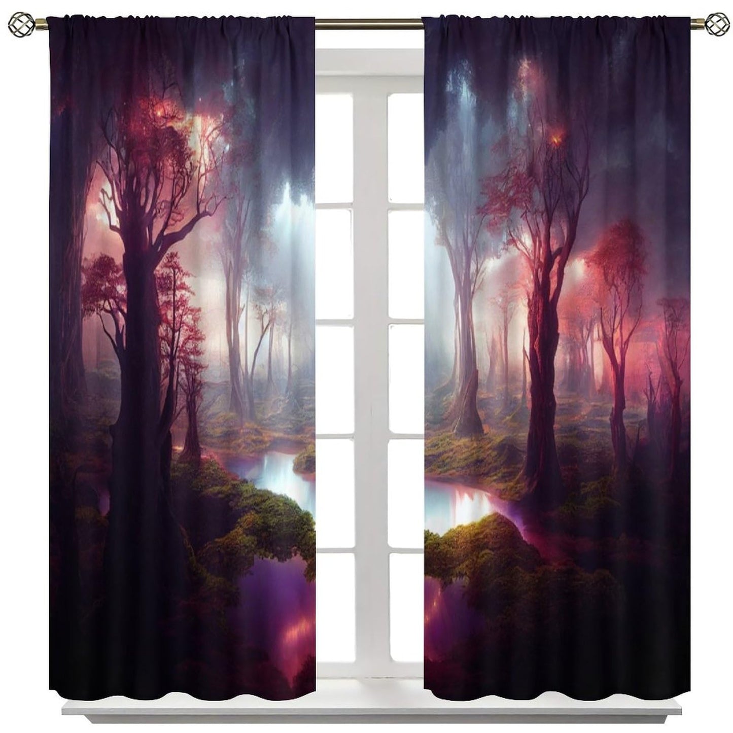 BenYaSong Forest Moon Blackout Window Curtain Vast Fantasy Landscape Feywild Trees and Surreal Glowing Art for Home Kitchen Restaurant Decoration Window Curtain 2Panel 42" W X 45" L