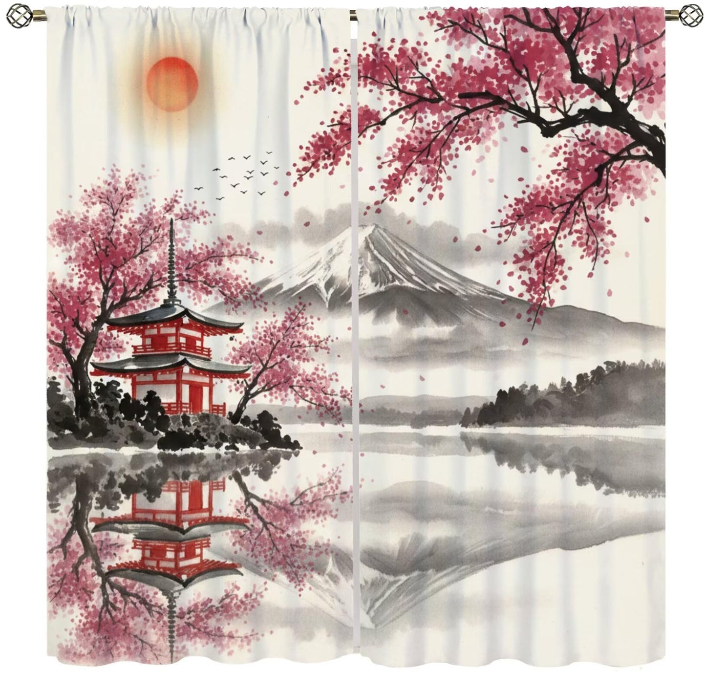 PHTAYOT Oriental Japanese Curtains Traditional Ink Painting Nature Landscape Mountains Cherry Blossoms Pattern Decor Window Treatments for Bedroom Living Room,2 Panels Set,42x45 Inch