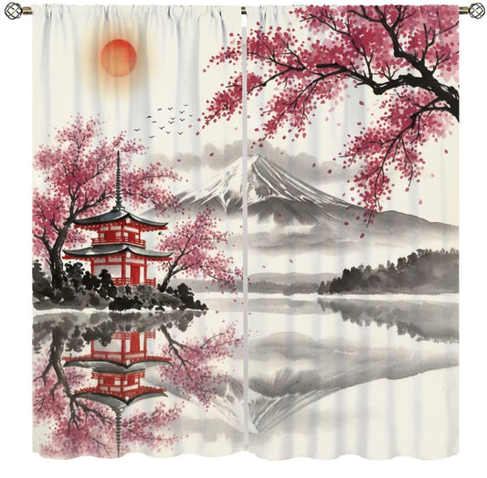 PHTAYOT Oriental Japanese Curtains Traditional Ink Painting Nature Landscape Mountains Cherry Blossoms Pattern Decor Window Treatments for Bedroom Living Room,2 Panels Set,42x45 Inch