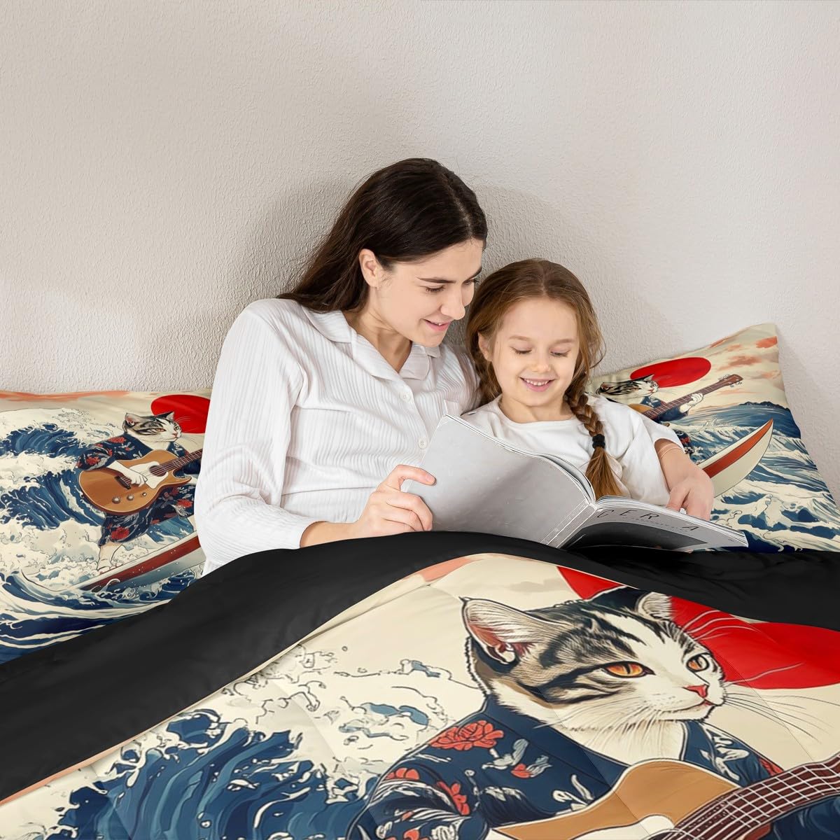 Erosebridal Japanese Cat Guitar Player Bedding Set Queen Rock Music Theme Comforter Set for Kids Boys Girls Nautical Surfing Down Comforter,Cute Animal Quilt Duvet