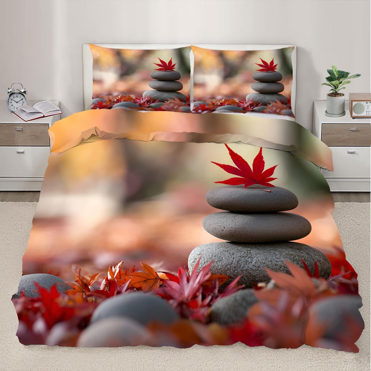 PAISUOQ Zen Stones Bedding Duvet Covers, Red Maple Leaves Comforter King Size, Spa Meditation Bedding Sets with Zipper & Ties, 3 Pieces with 2 Pillowcases, Home Decor & Gifts