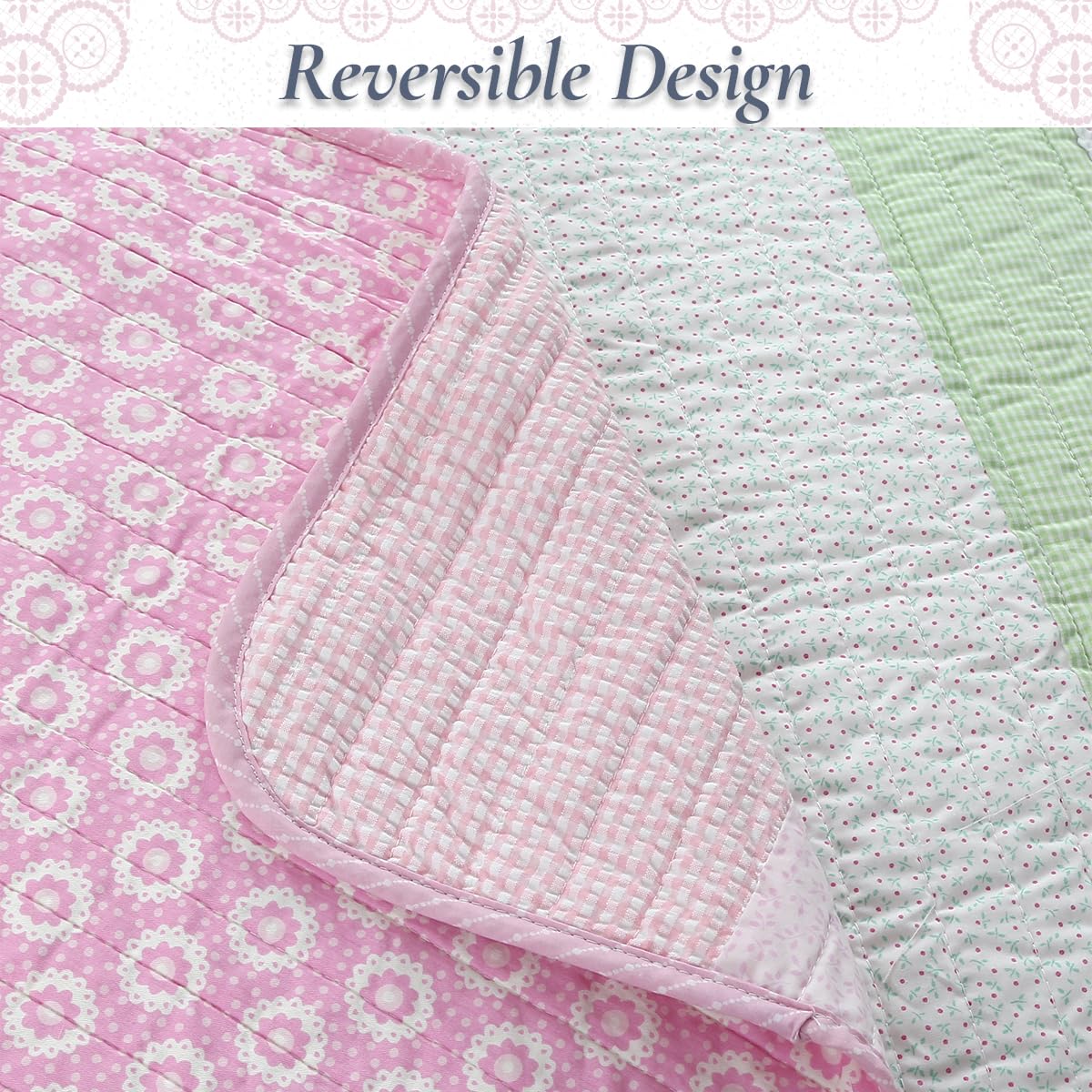 Cozy Line Home Fashions Pink Floral Quilt Set – 100% Cotton Reversible Bedding, Lightweight All-Season Bedspread Coverlet for Girls Kids Room, Queen Size