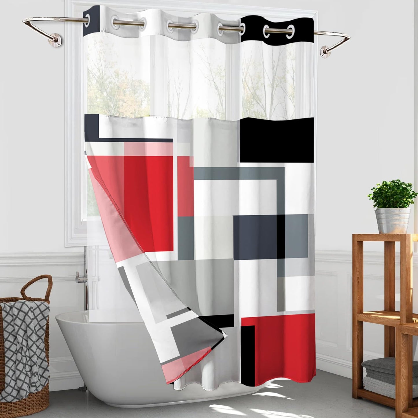 Red Hookless Shower Curtain Set with Snap in Liner, Red Black White Bathroom Decor, 71x74 Inches, Geometric Bathroom Curtain with Liner and See Through Top Window