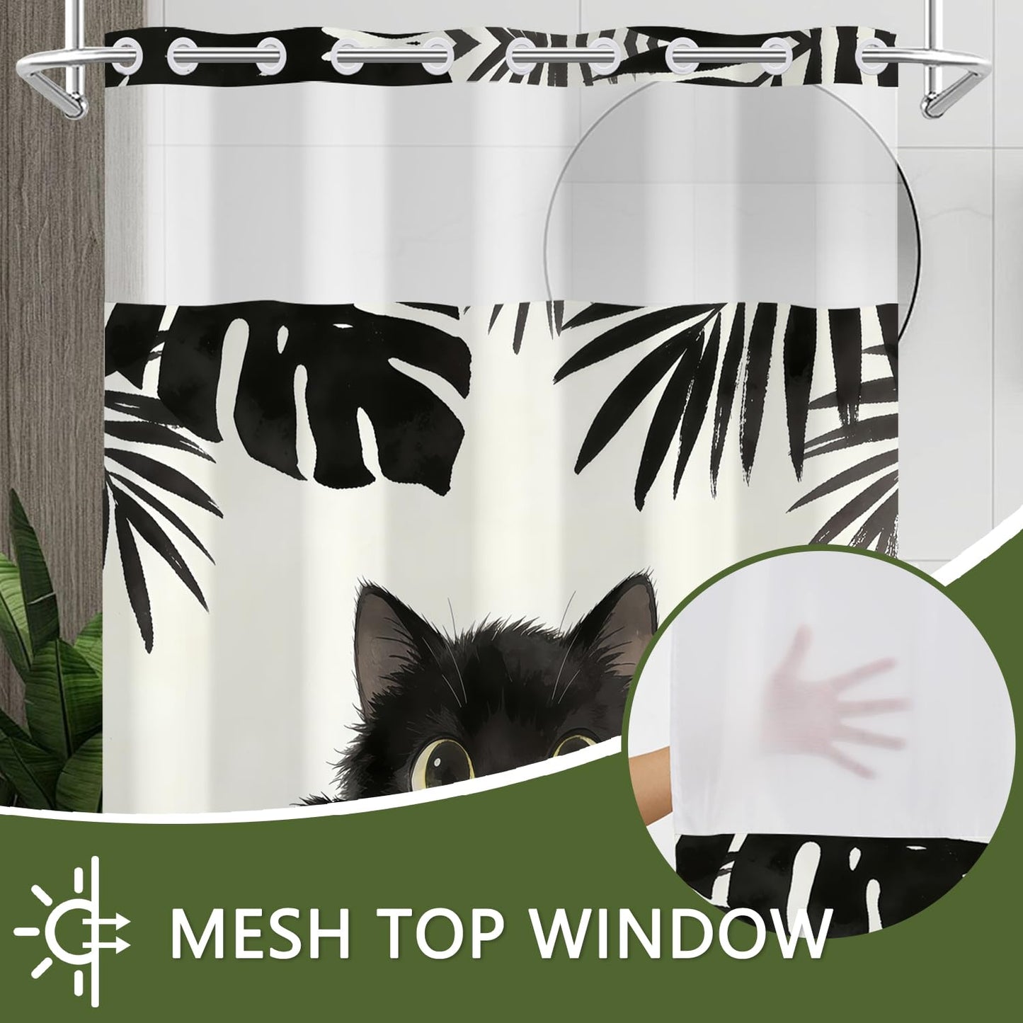 Xiazhilaio No Hook Black Cat Shower Curtain with Snap-in Liner 71 x 74 Inch