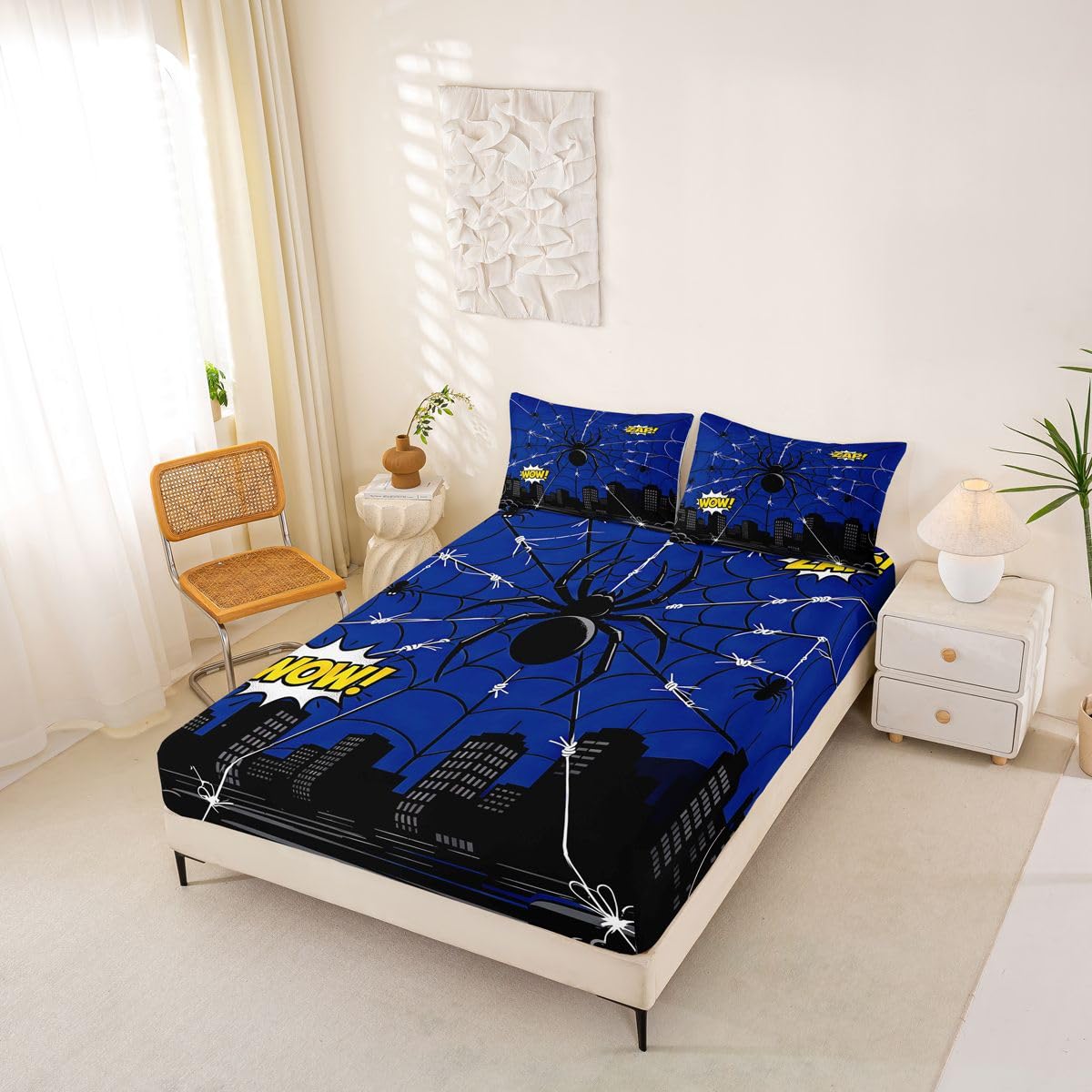 Black Spider Web Fitted Sheets Full Size (No Flat),Cartoon City Nightscape Bedding Set 3Pcs,Kids Teens Woman Room Decor,Anime Style Urban Bed Sheet Hero Themed Lover Deep Pocket Sheet,2 Pillowcases