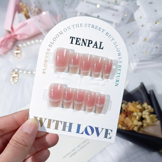 TENPAL Handmade Press on Nails Medium,Peach Pink Cat Eye Coffin Nails, Removable Acrylic Spring Summer Pink Fake Nails With Tools,Sweet Sassy Minimalist Gel Effect Glue on Nails for Women Girls(XS)
