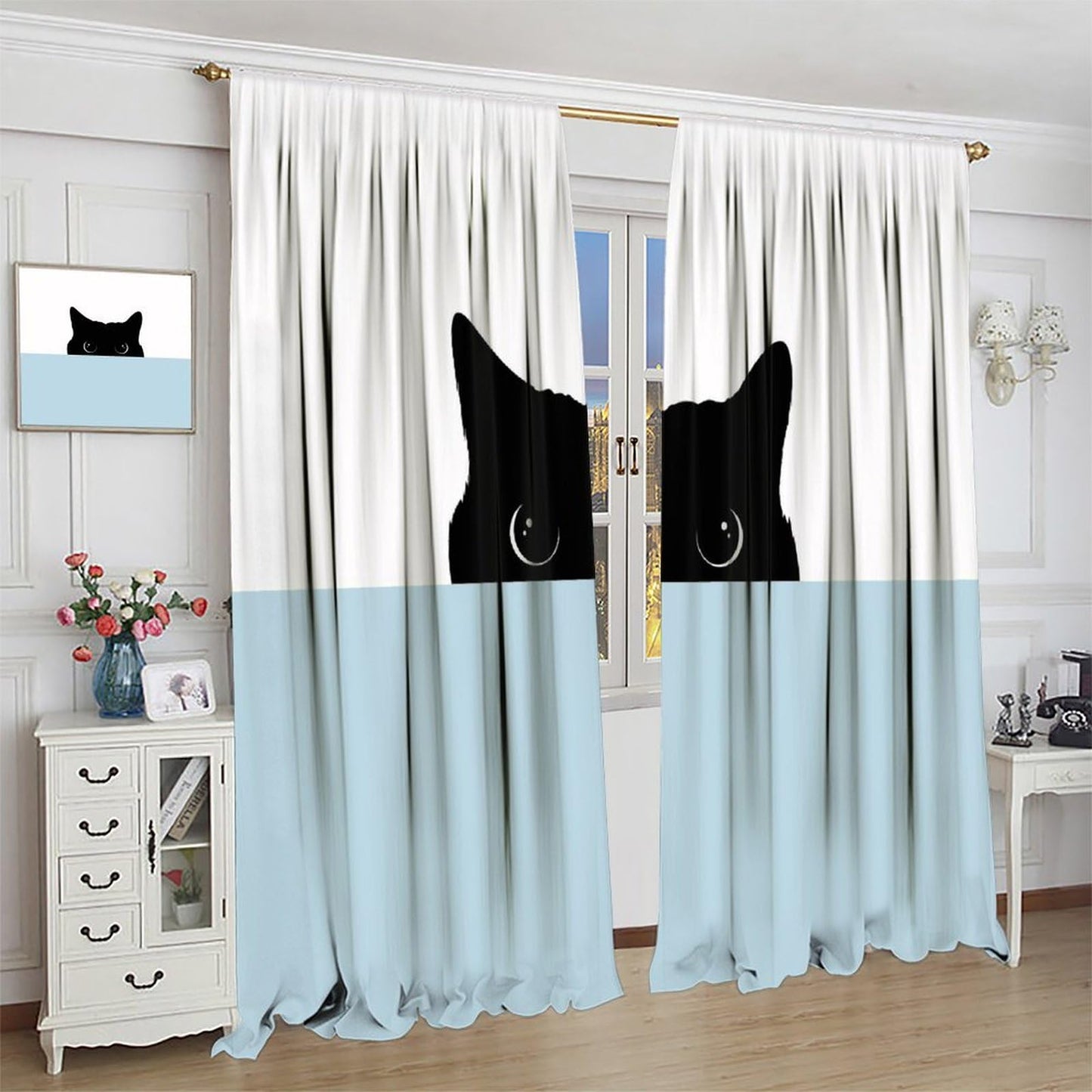 JADERYS Funny Cat Curtains Cartoon Cute Pet Animal Black Cat White Blue Bedroom Living Room Bathroom Blackout Rod Pocket Decoration Window Drapes 2 Panels W21xL45in
