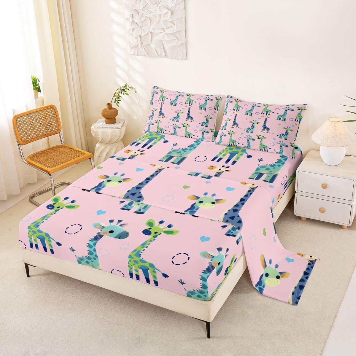 Erosebridal Giraffe Bed Sheets Full Pink and Green Geometric Sheet Set for Kids Boys Girls Cartoon Kawaii Sheets Wild Animal Flat Fitted Sheet 3 Pcs