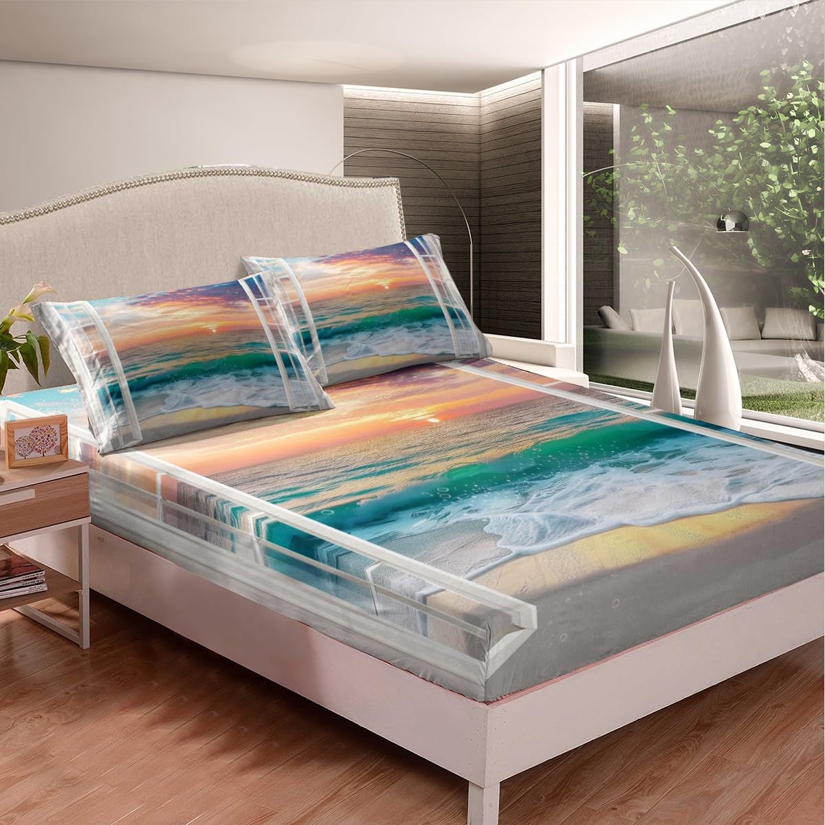 jejeloiu Beach Theme Fitted Sheet Full Size Kids Summer Ocean Wave Pattern Bed Sheets Set for Boys Girls Teens Sea Marine Coastal Natural Scenery Bedding Set Room Decor
