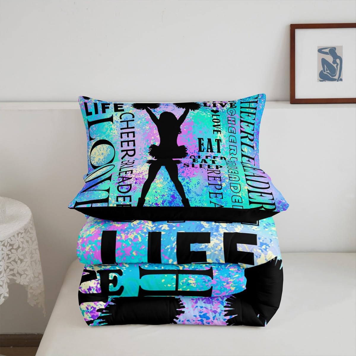 Feelyou Cheer Bedding Set Full Size Kids Dancer Comforter Cover for Boys Girls Teens Blue Duvet Cover Breathable Soft Lightweight Microfiber