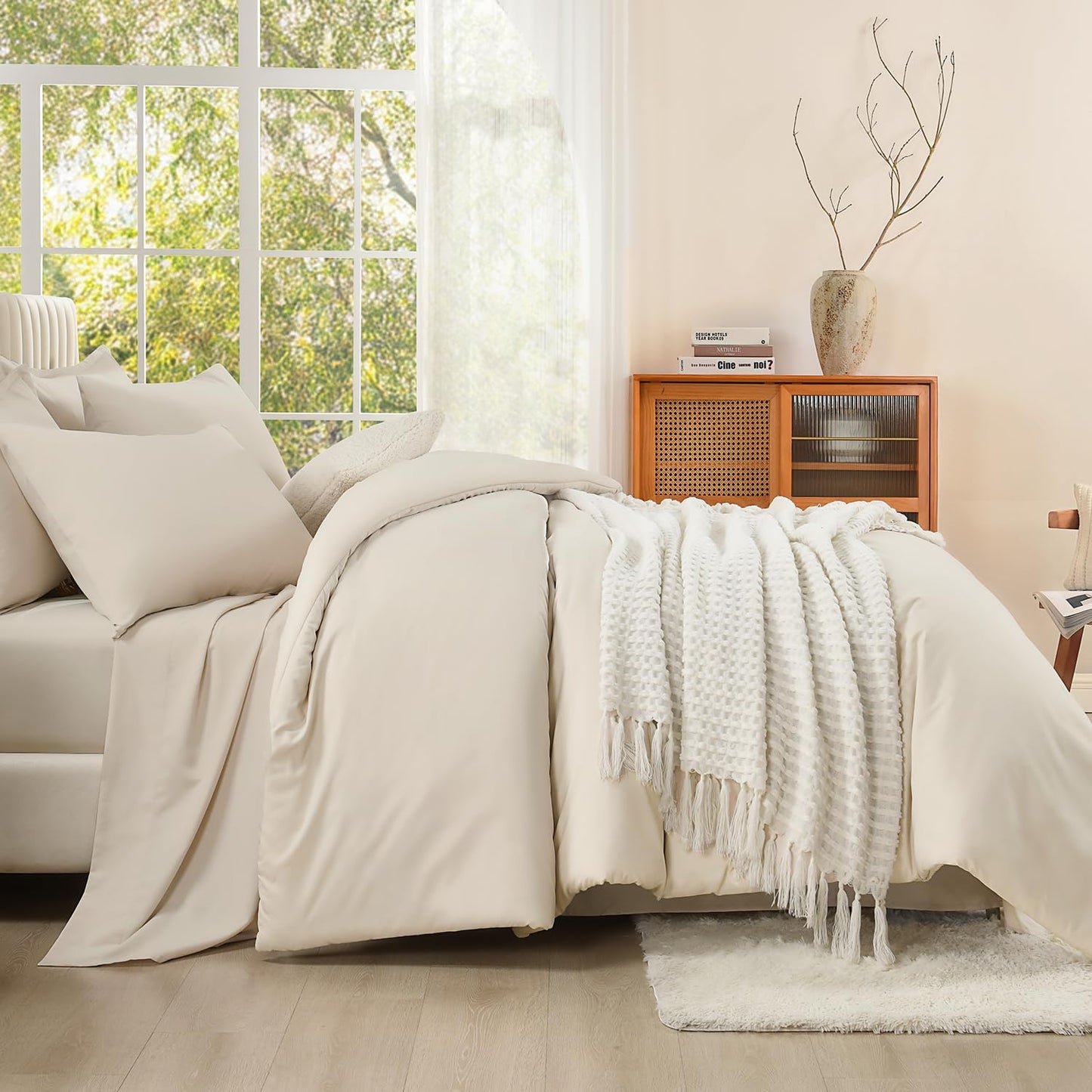 Litanika Bed in a Bag Queen Beige - 7 Pieces Queen Comforter Set Bedding Comforter Sets, Solid Fluffy Bed Set with Comforter, Sheets, Pillowcases & Shams