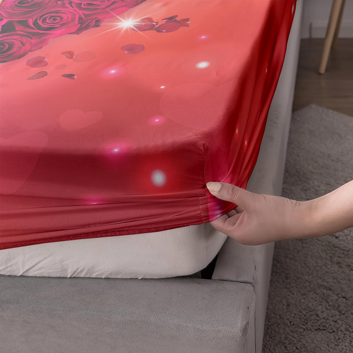 AILONEN Red Rose Fitted Sheet Set Queen Size, 3D Red Flowers Bed Sheet Set,Rose Hearts Sheet Sets,Valentine Glitter Fantasy Hearts Sheet 3 Pieces, 1 Fitted Sheet and 2 Pillowcases