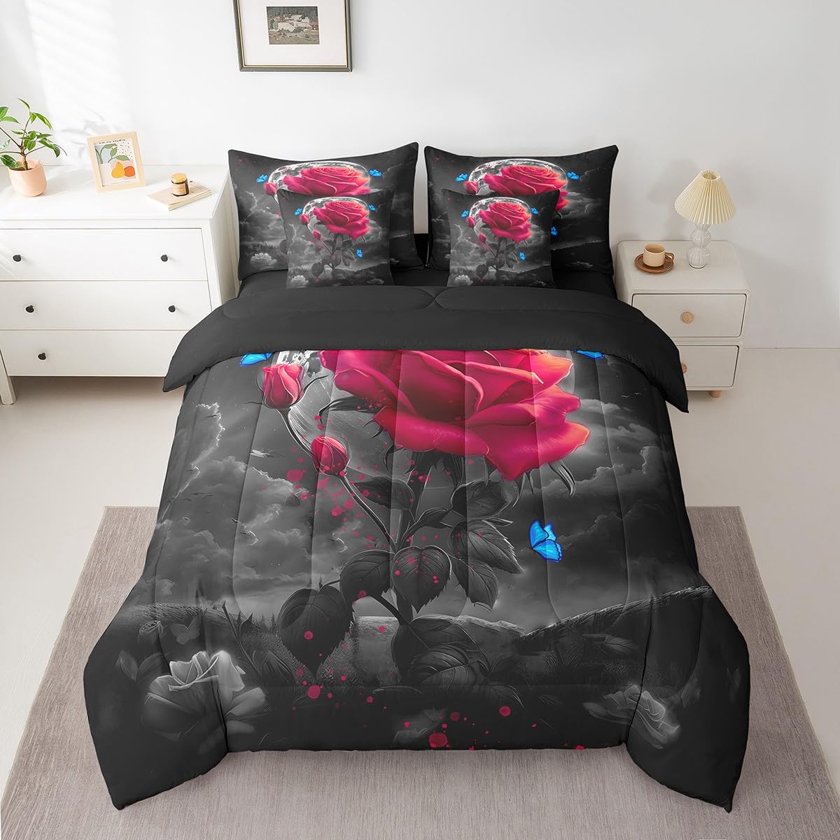 Feelyou Red Rose 7 Piece Bedding Set for Adult Couple Full Size Blue Butterfly Comforter Set with Sheets Boys Girls Flower Floral Bed in a Bag Moon Night Bed Set