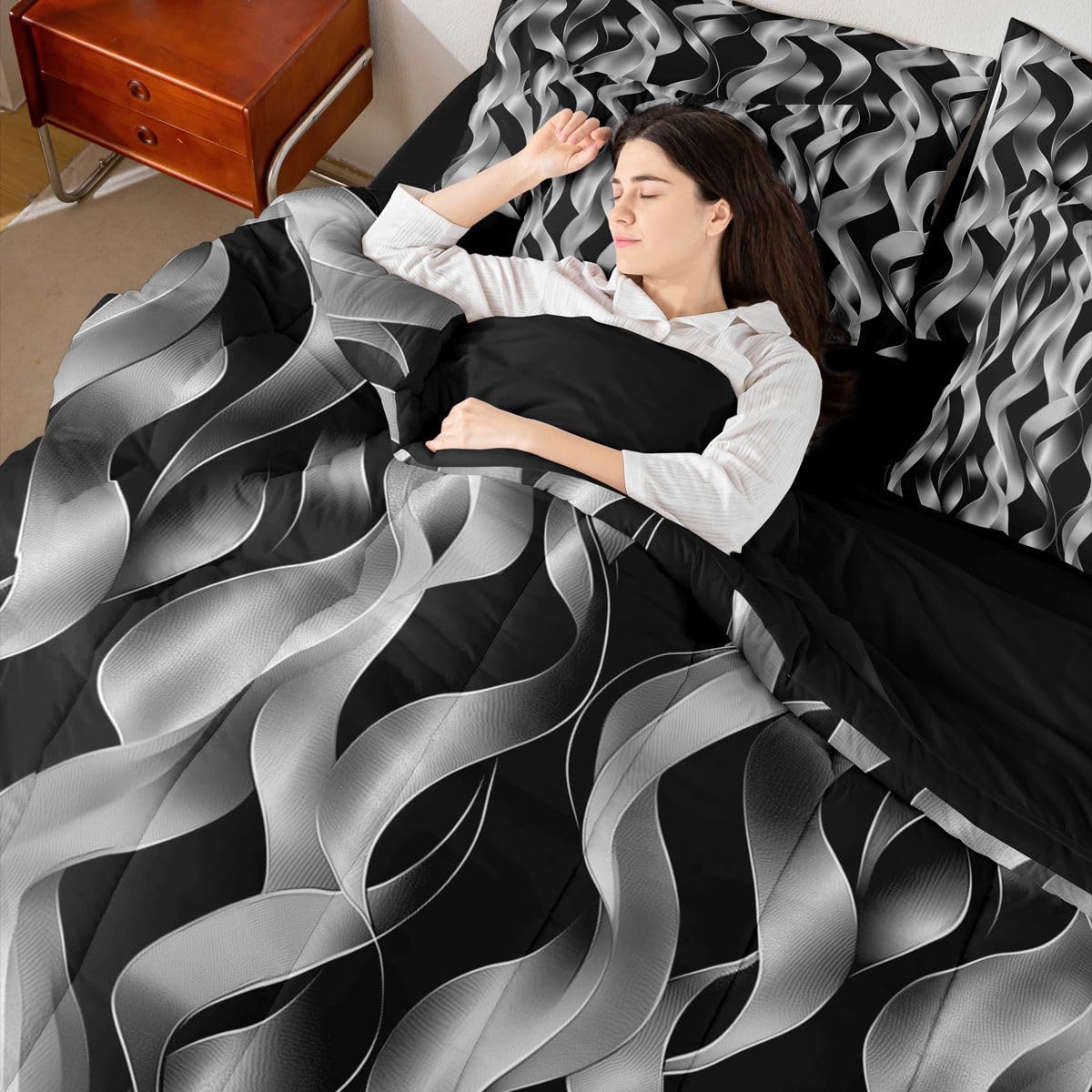 jejeloiu Modern Abstract Geometric Comforter Set with Sheets 7 Piece Full Size Geometric Spiral Pattern Bed in a Bag Kids Boys Girls Black Bedding Set Bedroom Decor Breathable Microfiber