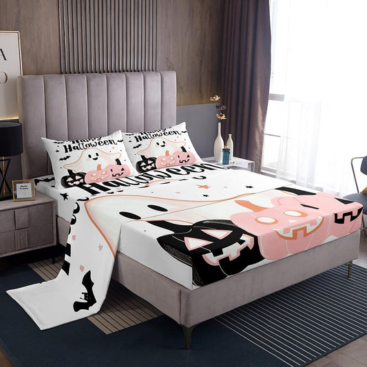 Feelyou Happy Halloween Bed Sheets Set Full Size Pumpkin Deep Pocket Fitted Sheet Halloween Decor Bedding Sets Cute Ghost Soft Bed Set 4Pcs with 2 Pillow Cases