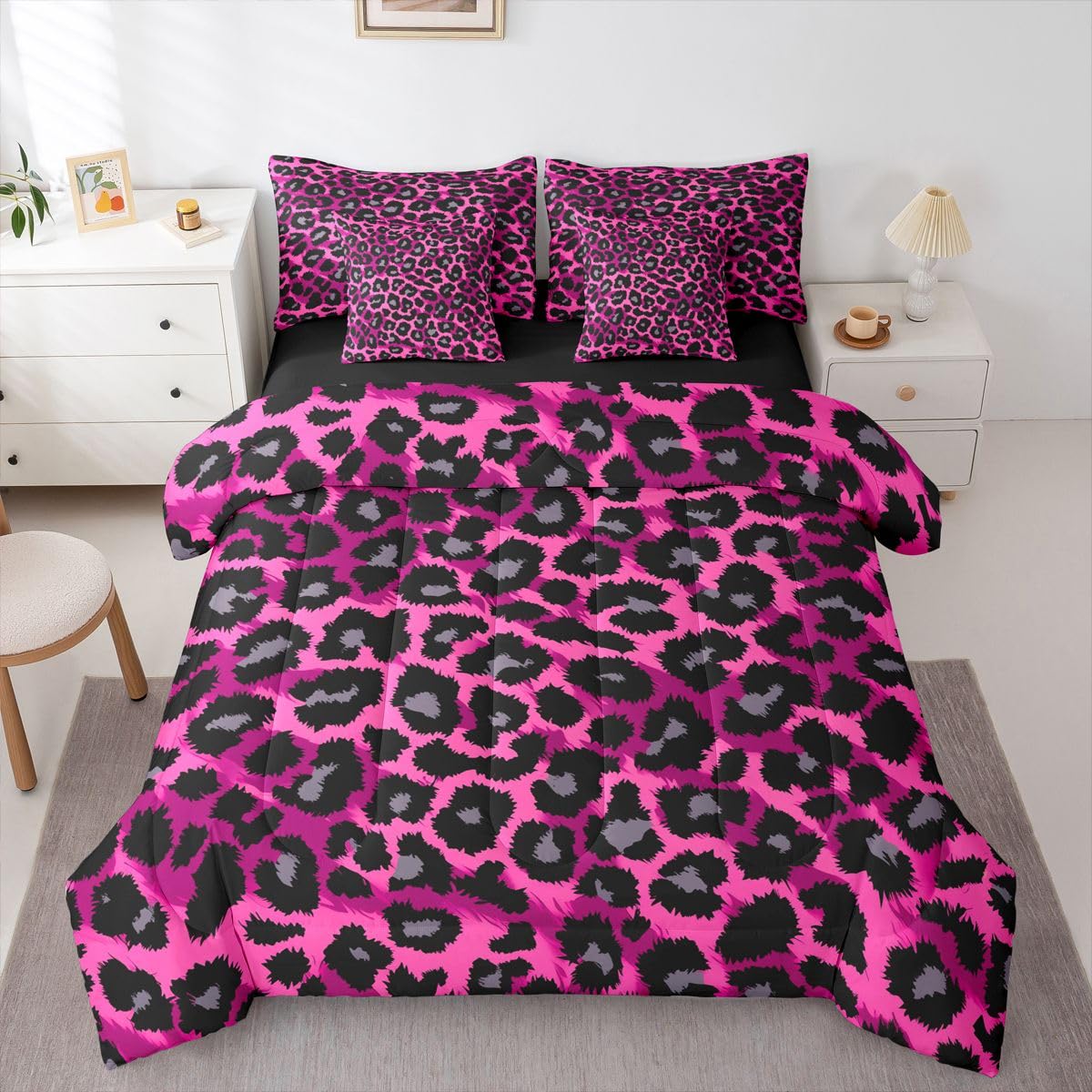 Erosebridal 7 Pcs Comforter Set King Size, Leopard Print Wild Animal Bedding Set for Kids and Adults, African Cheetah Wildlife Bed Sheet Sets with Fitted Sheet Pillowcases & Shams, Hot Pink Black