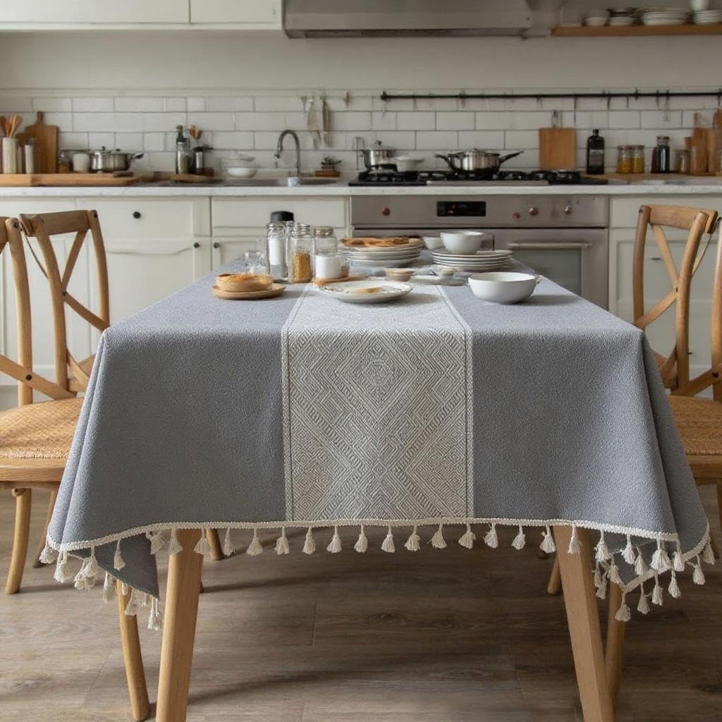 LOLPI Elegant Diamond Pattern Tassels Tablecloth - Stylish Table Cover (Gray, 140 x180cm/55inch x71inch)
