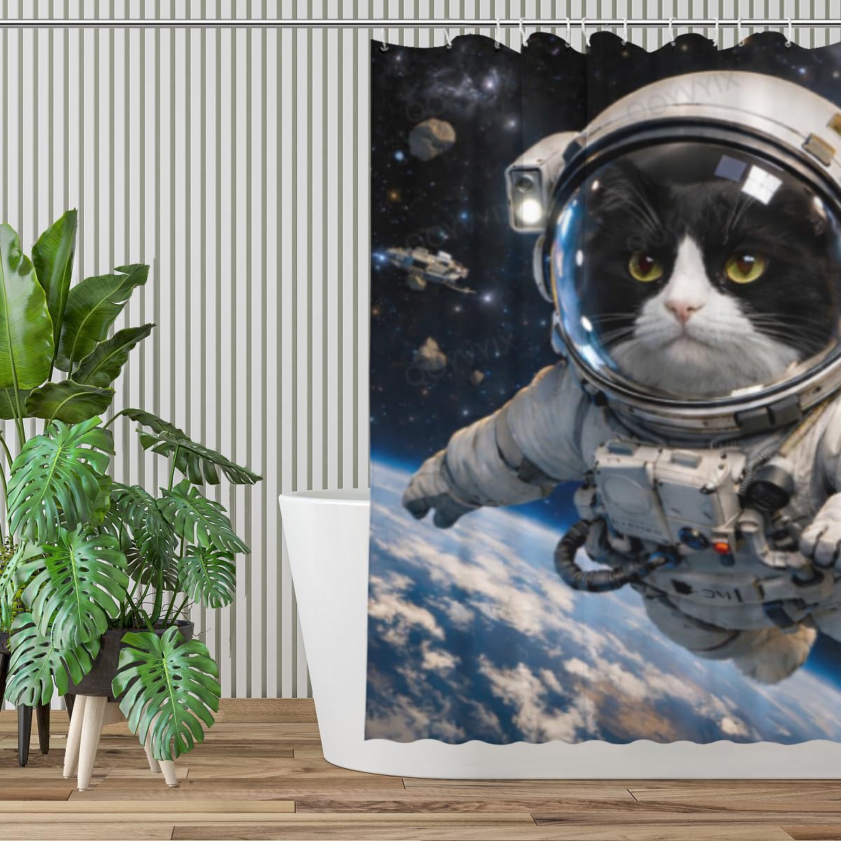 QOYVYIX Funny Tuxedo Cat Shower Curtain 72x72 Inches with 12 Hooks, Cute Space Tuxedo Cat Bathroom Decor Waterproof Fabric Shower Curtain for Boys Girls and Adults