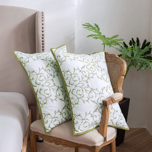 mixinni 2-Piece King Size Soft Microfiber Green Quilted Embroidery Floral Pattern Pillow Shams-20" x 36"
