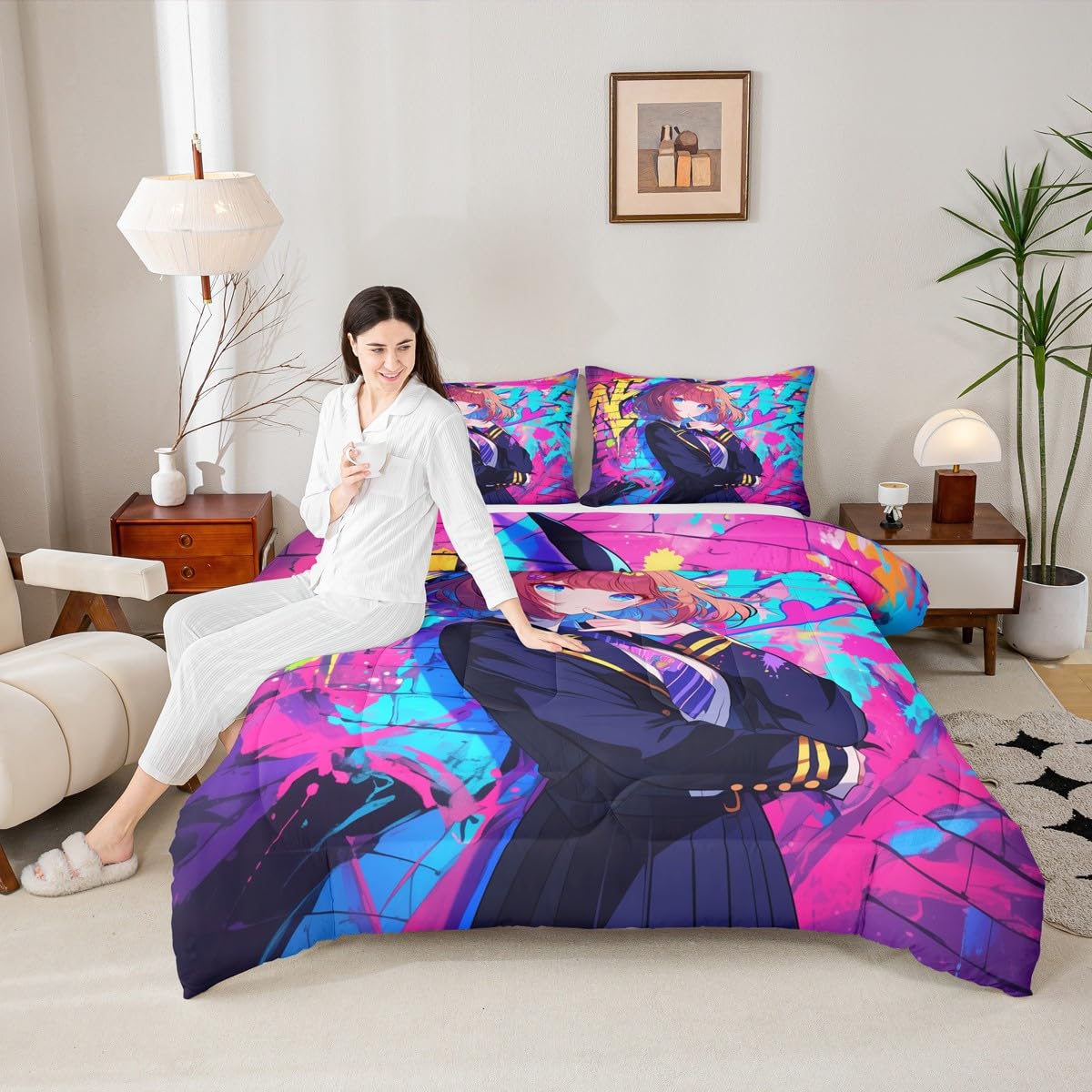 Erosebridal Girls Japanese Anime Comforter Set Full, Kawaii Anime Girl Bedding Set Cartoon Girl Duvet Insert for Kids Teens Adult, Japanese Animation Sci Fi Style Quilt with 2 Pillow Cases